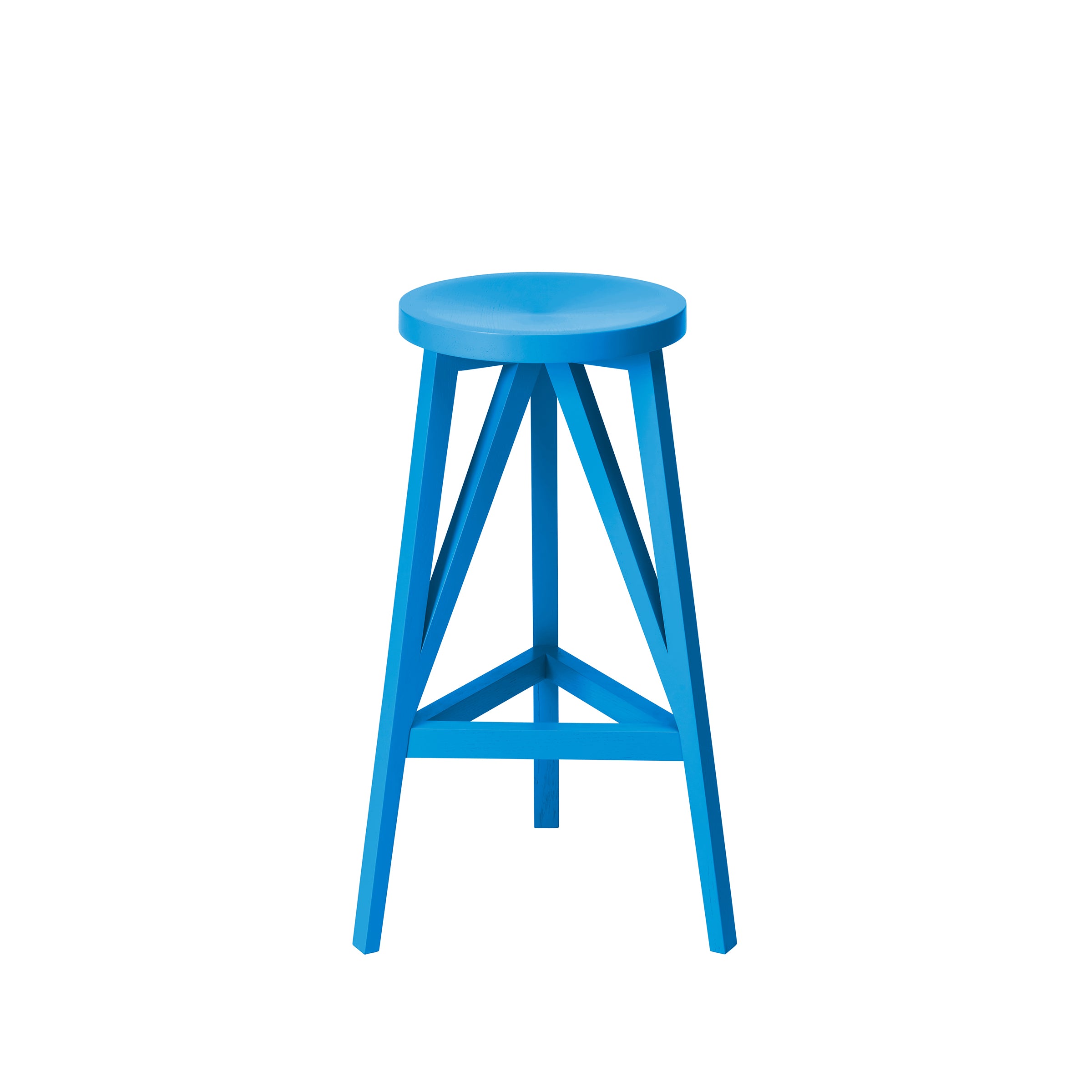 The JL4 Faber Barstool by Loehr is a bright blue wooden stool featuring a unique silhouette with a round, flat seat. It has four angled legs and a cross brace for stability, offering a minimalist, modern design reminiscent of northern European architecture, suitable for various interiors.