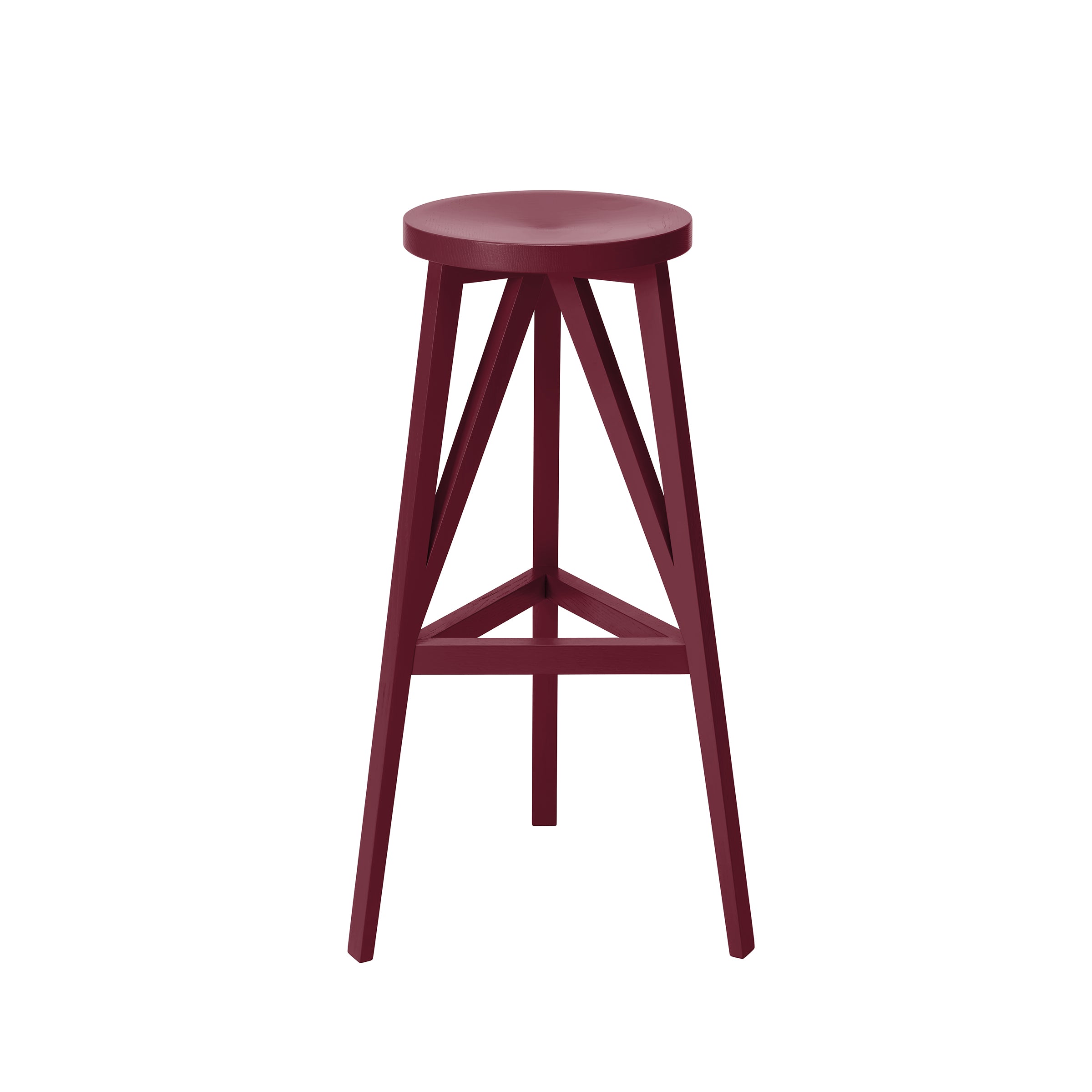 The JL4 Faber Barstool by Loehr is a burgundy wooden stool featuring a round seat, three angled legs connected by horizontal braces, and a minimalist geometric design inspired by northern European architecture, showcasing the beauty of solid oak furniture.