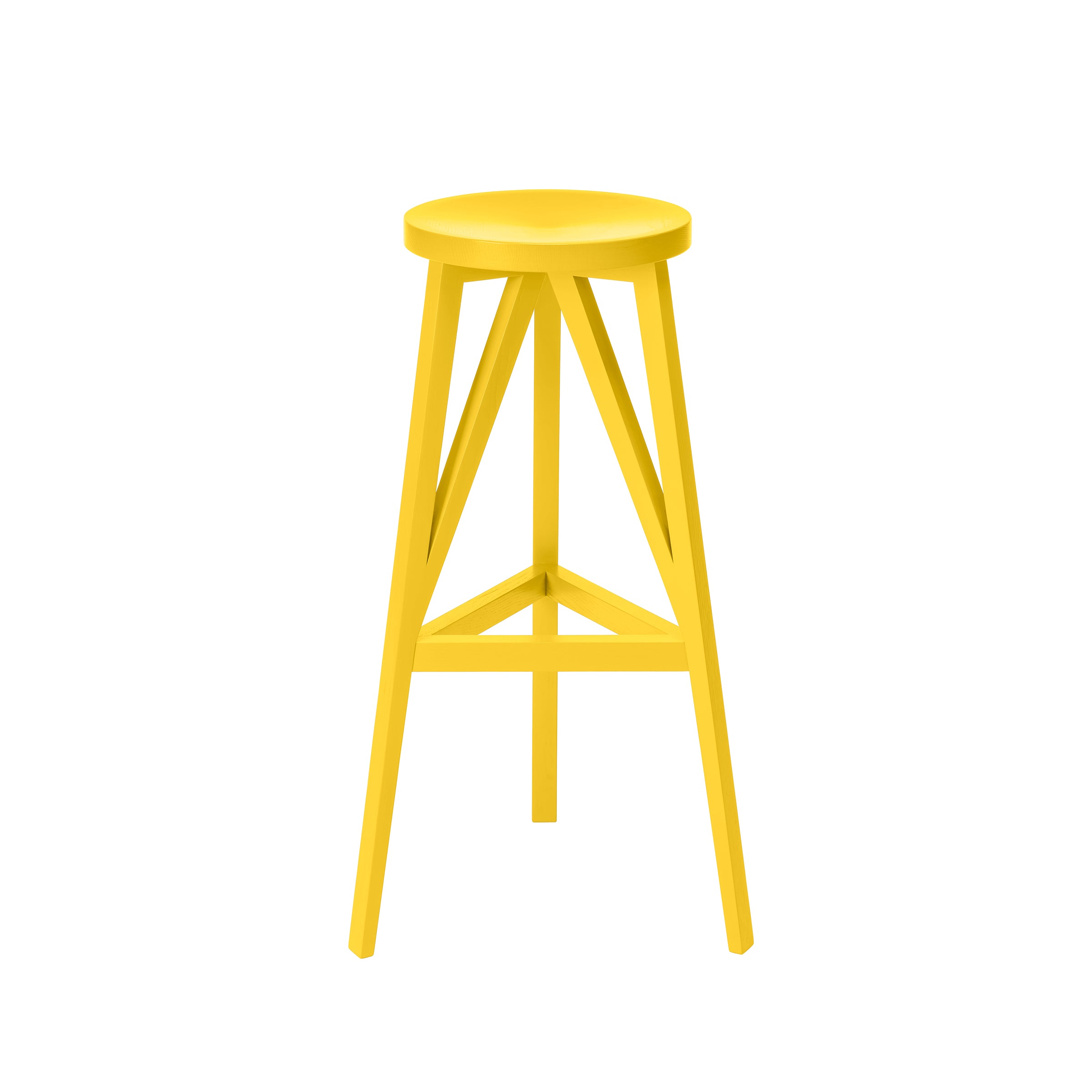 The Loehr JL4 Faber Barstool is a vibrant yellow, wooden piece inspired by northern European architecture. Featuring a round seat and four angled legs with triangular support beams, it stands elegantly against a white background as part of the FABER furniture collection.