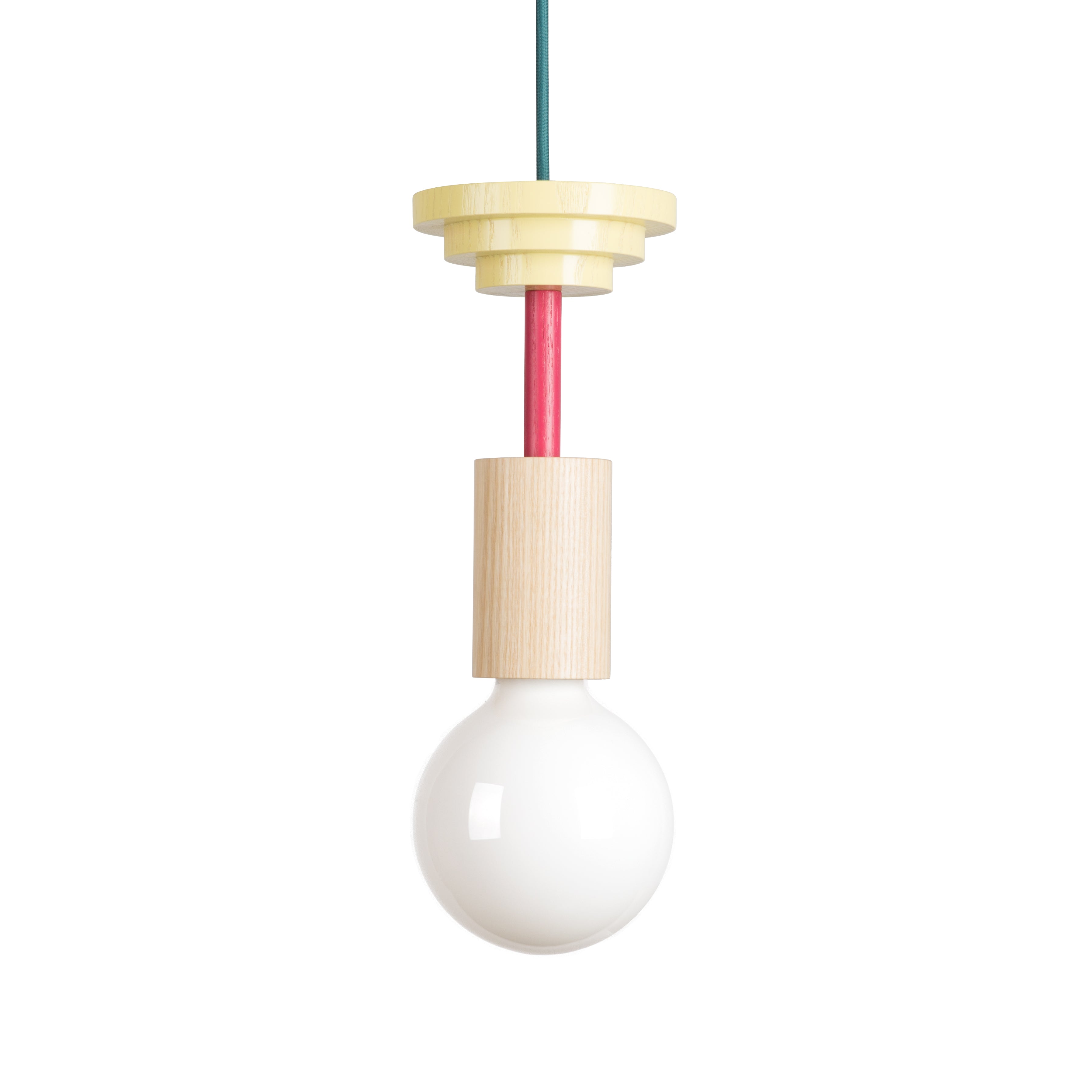 The Junit Mentis by Schneid is a contemporary pendant lamp featuring a light ash wood top, red and green wiring, and a circular layered design. It includes a white rounded bulb, enhancing its minimalist appeal.
