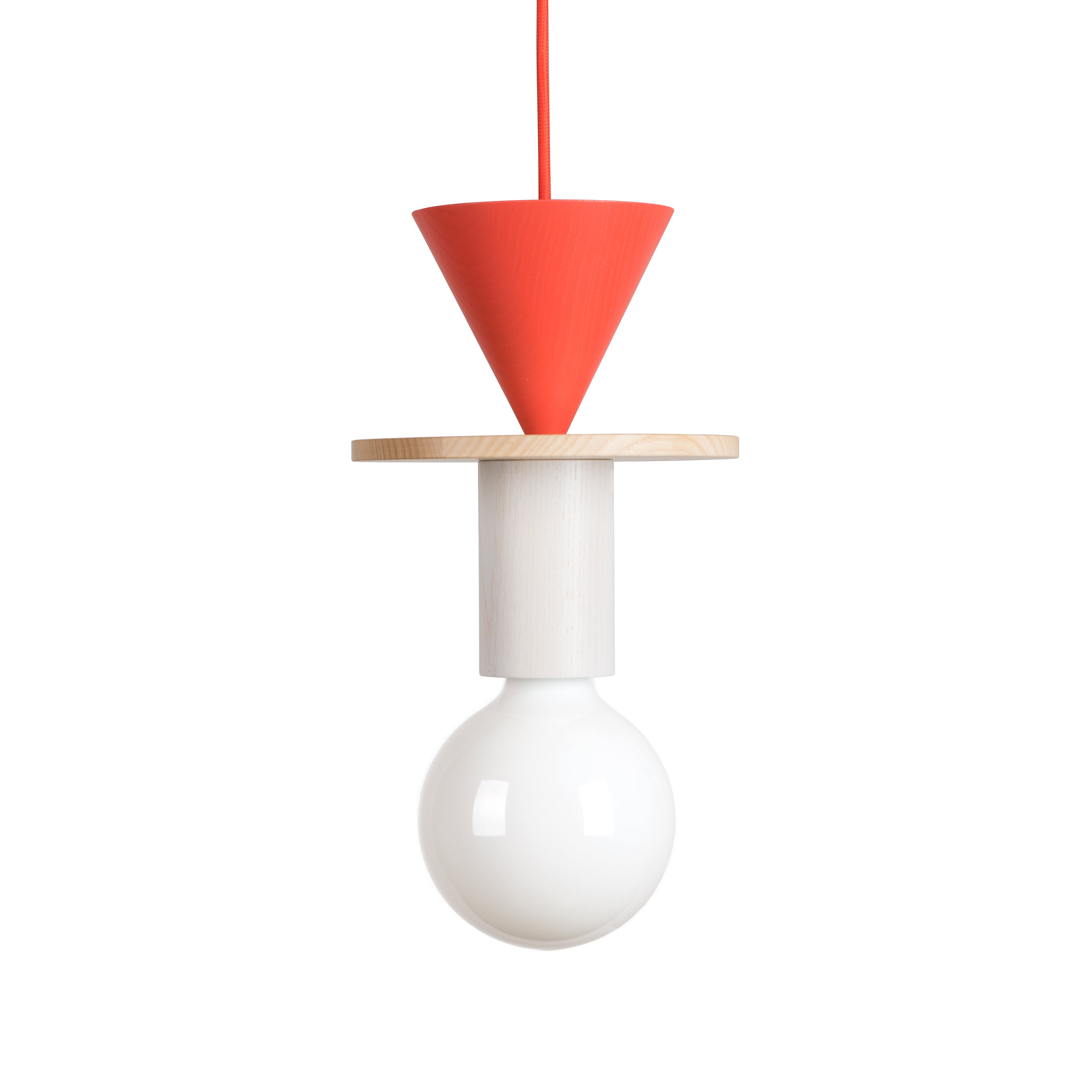 Illuminate your space with the Junit Record by Schneid, a modern modular pendant lamp. Featuring a red conical top, an ash wood disc, and a white bulb for perfect ambient light, all elegantly suspended by a red cord.