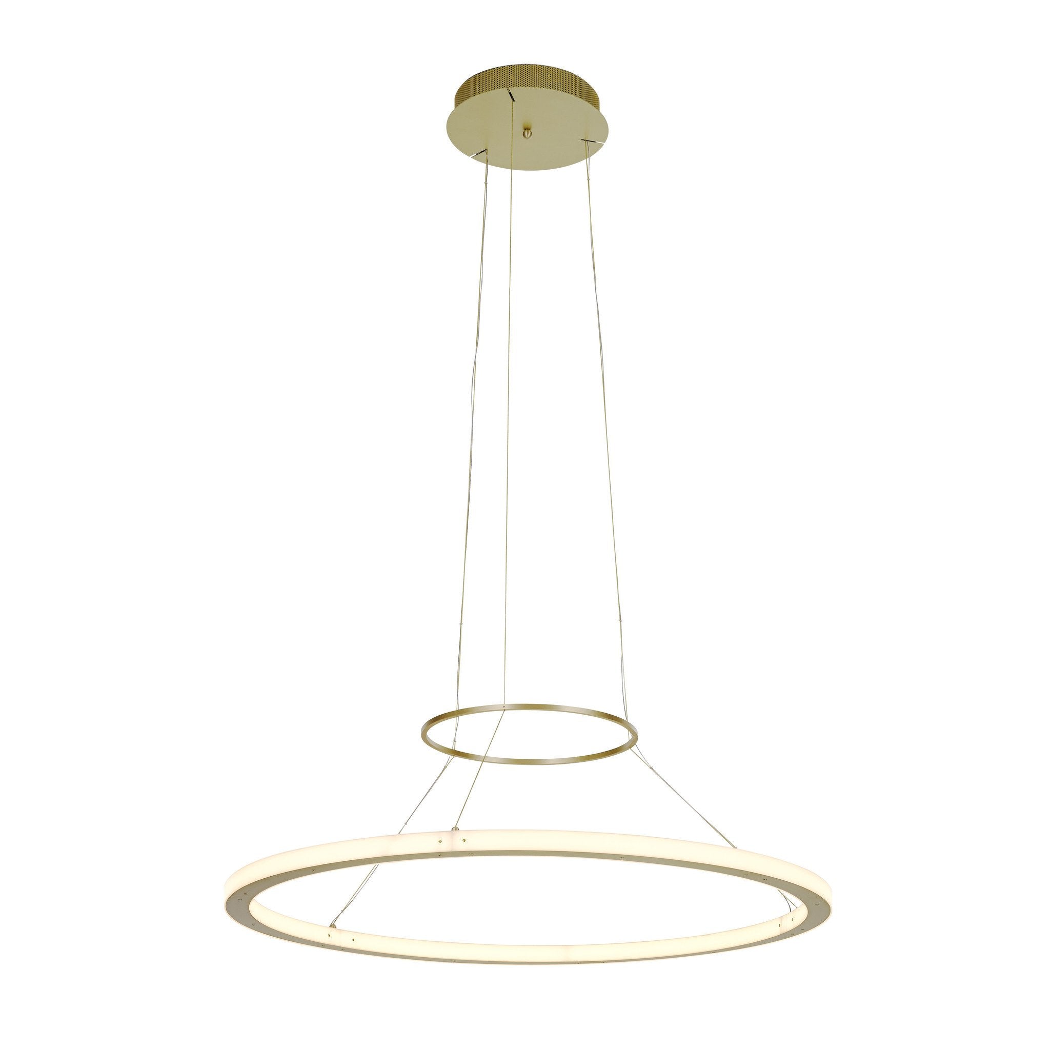 The RIO In and Out Suspension by KAIA is a modern pendant with two circular LED rings. Suspended by wires from a round ceiling mount, the larger brass ring elegantly hangs below the smaller one, emitting a soft white glow.