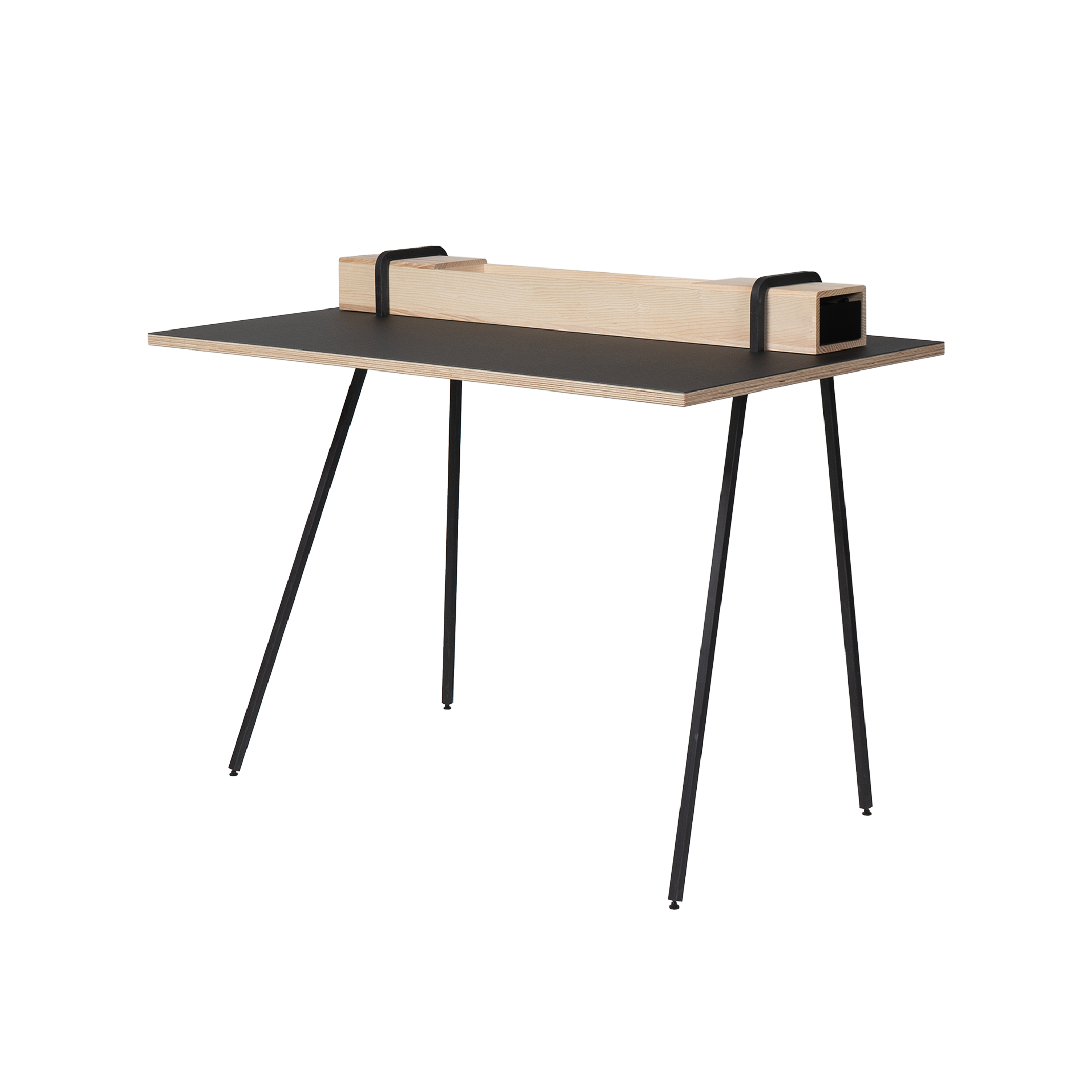 The Moormann Kurt is a modern black desk featuring slender metal legs and a wooden backboard with two rectangular openings for extra storage. Its minimalist design ensures it is sleek, functional, and perfect for any home office.