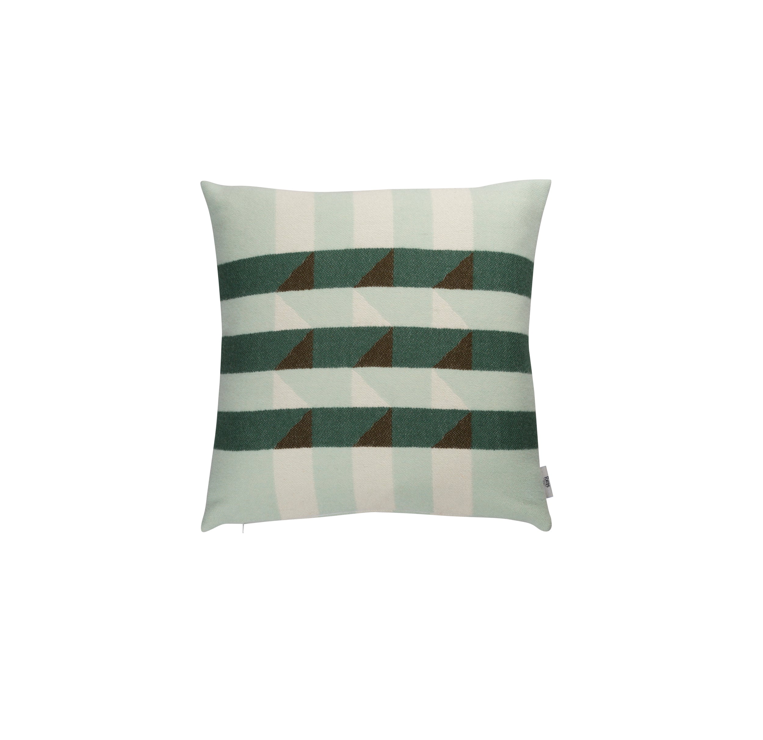 The Kvam Cushion by Roros features a jacquard weave with geometric flair, showcasing wide vertical stripes in light green and white. Dark green zigzag patterns and brown triangles create an interlocked look on a crisp white background.