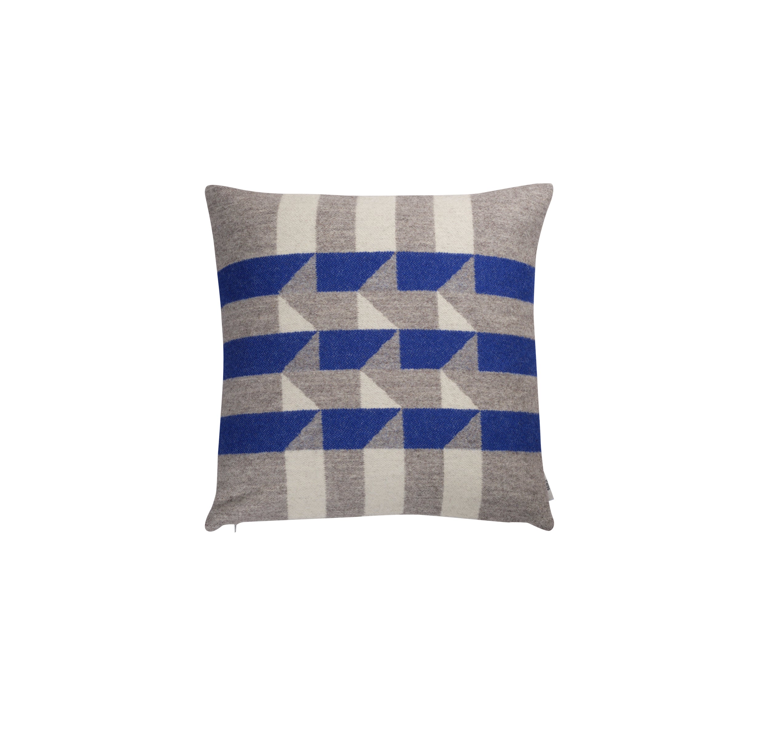 The Kvam Cushion by Roros is a square cushion made from Norwegian lambswool, showcasing a dynamic visual with blue, white, and gray interlocking geometric patterns.