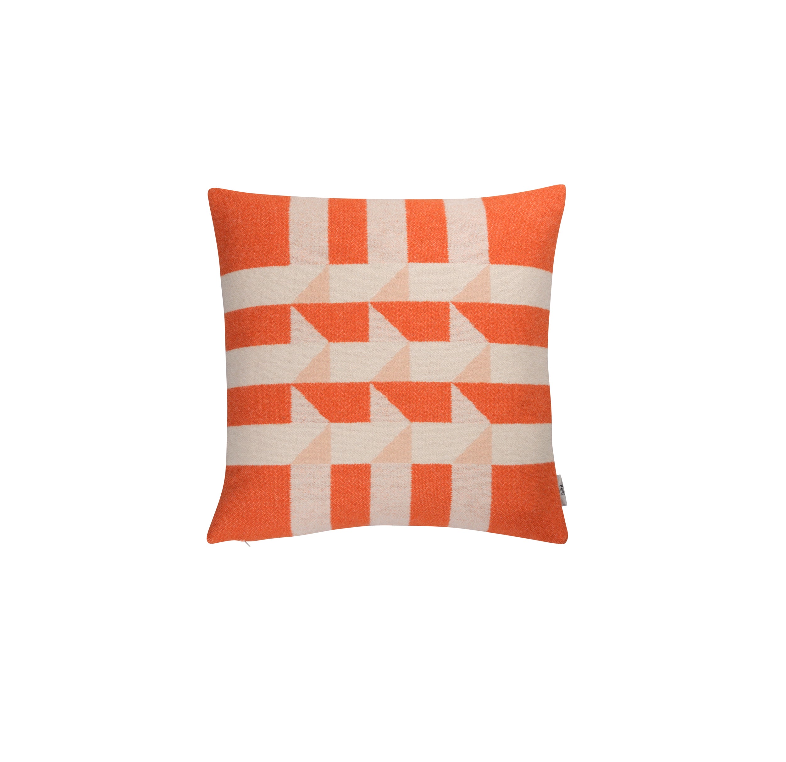 The Kvam Cushion by Roros features a modern geometric design in orange, white, and beige. With alternating rectangles and triangles on a plain white background, it echoes the striking style of their renowned Norwegian wool blankets.