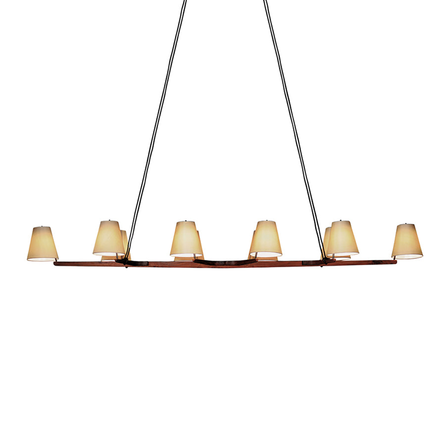 Meet the Admont chandelier by Kalmar, a modern masterpiece with six evenly spaced cream silk shades on a horizontal metal frame suspended by black cords. Inspired by Wiener Werkbund design, it softly glows with elegance.