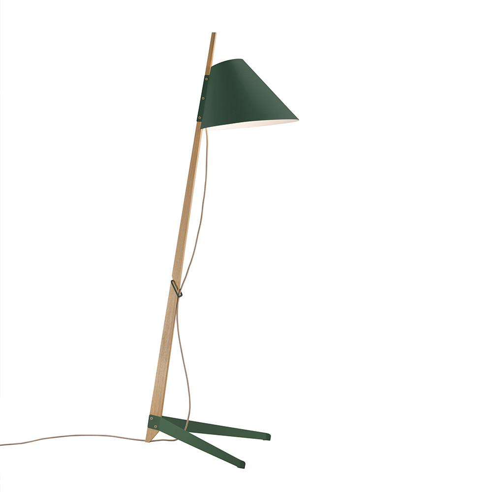 The Billy Floor Lamp by Kalmar boasts a minimalist design with a slender wooden stand, green cone-shaped shade, and lacquered metal base for elegance. The power cord hangs loosely, showcasing Kalmars aesthetic prowess.