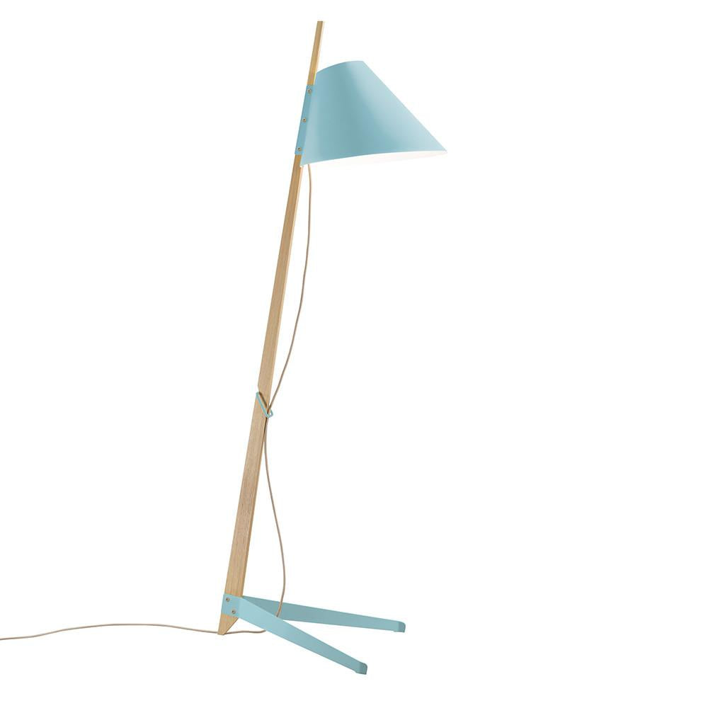 Inspired by Kalmar Werkstaetten, the Billy Floor Lamp features a minimalist design with a light wooden base and angled light blue lampshade. It includes a matching V-shaped support, lacquered metal accents, and a visible cord to enhance its chic, contemporary style.