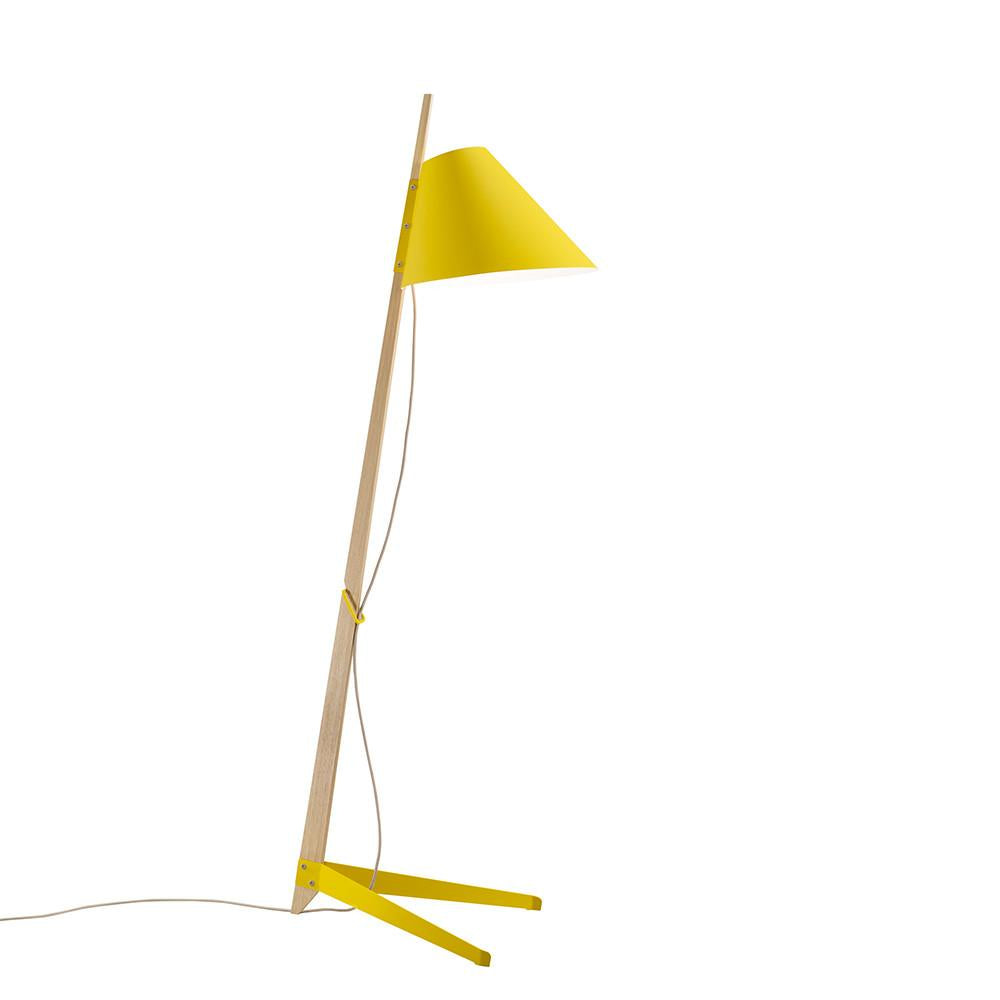 The Billy Floor Lamp by Kalmar is a minimalist design with a wooden frame, angled lines, and lacquered metal accents. It features a bright yellow cone-shaped lampshade and matching base details, with an elegantly draped cord showcasing Kalmars sophisticated style.