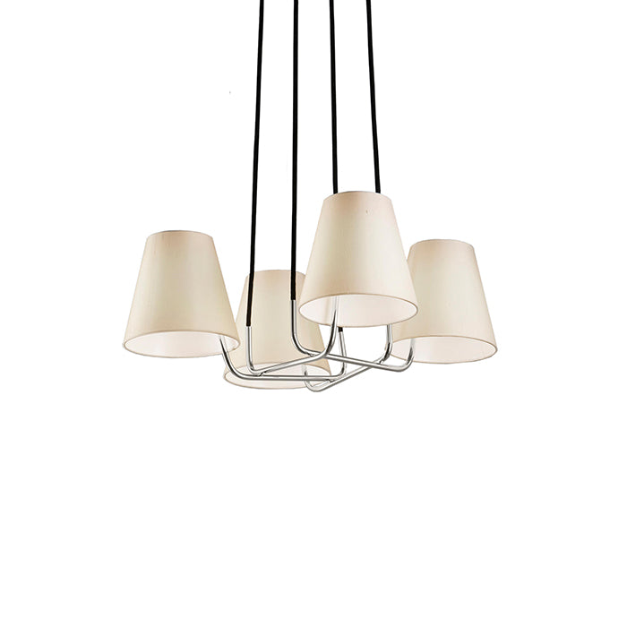 The Corona modern hanging lamp by Kalmar features four cream-colored silk conical shades on black cords, all evenly suspended from a sleek, polished brass frame, exuding the elegance and sophistication characteristic of Kalmar Werkstättens design.