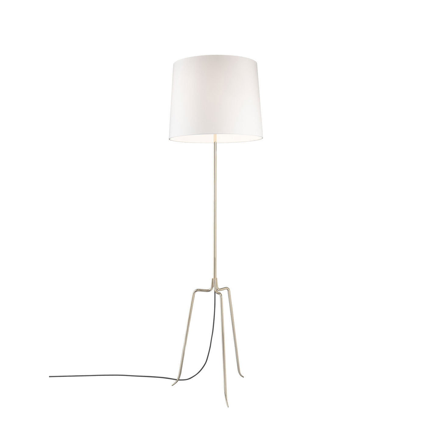 The Dreistelz by Kalmar is a minimalist floor lamp with a silk cylinder shade and slender tripod metal stand. It features a polished brass base and a black power cord, all set against a plain white background.