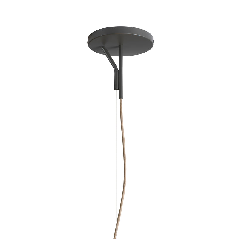 The Fliegenbein HL Pendant by Kalmar is a sleek, minimalist black ceiling light with a circular base and a single brown cord. Its simple yet functional design makes it perfect for contemporary spaces.