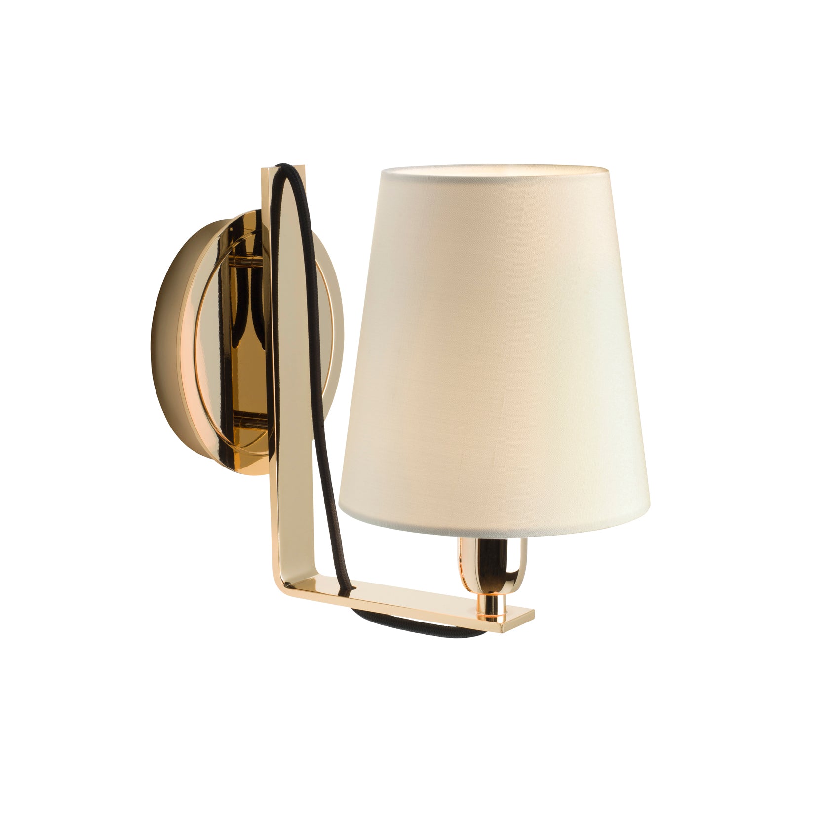 The Krems by Kalmar is a wall-mounted lamp in polished brass with a cylindrical beige lampshade and features a minimalistic arm design for functional task lighting, elegantly crafted with a round base.