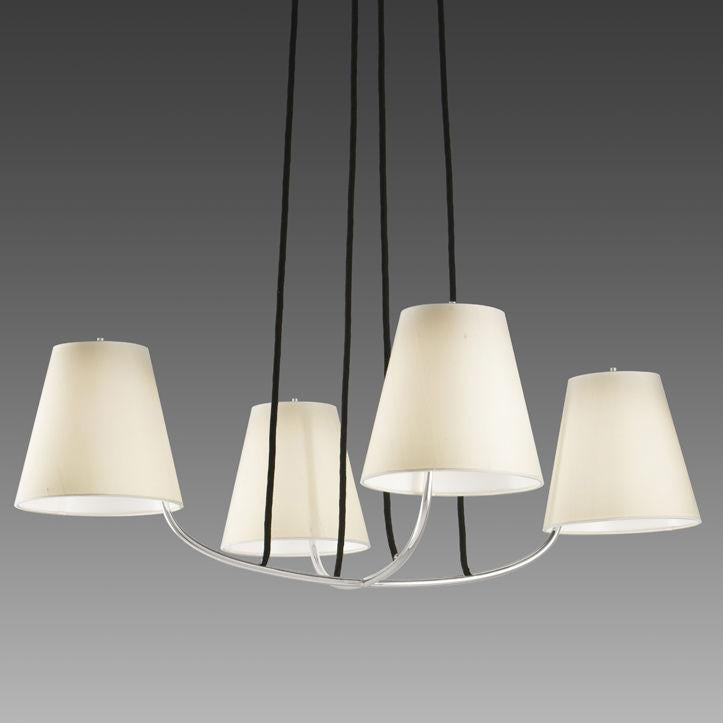 The Mexiko chandelier by Kalmar features four white conical silk lampshades on elegantly curved metal arms. The polished nickel fixture is suspended from the ceiling by four black cords, set against a sophisticated gray backdrop.