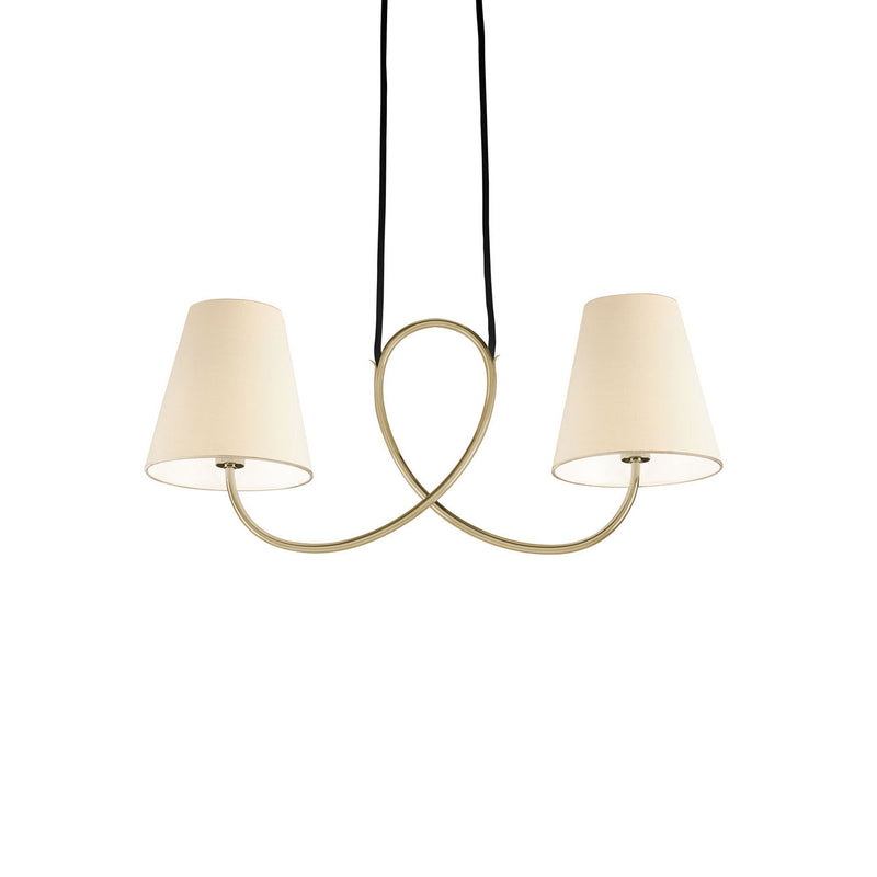 The Posthorn by Kalmar is a modern two-light pendant chandelier with a polished brass curved frame and natural silk tapered lampshades, suspended by a black cord against a white backdrop.