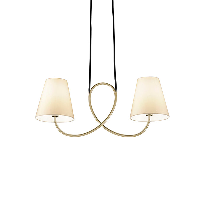 The Posthorn by Kalmar is a modern pendant light with two cream-colored, natural silk shades linked by a looped, curved metal rod in polished brass, all suspended from a black cord. It reflects Kalmars elegant design ethos.
