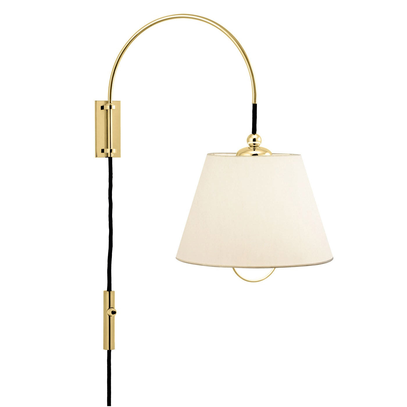 Kalmars Reibe Wall light features a polished brass finish, a curved arm, and a white cone-shaped shade. The sleek design is enhanced by a visible black cord, making it an ideal bedside companion.