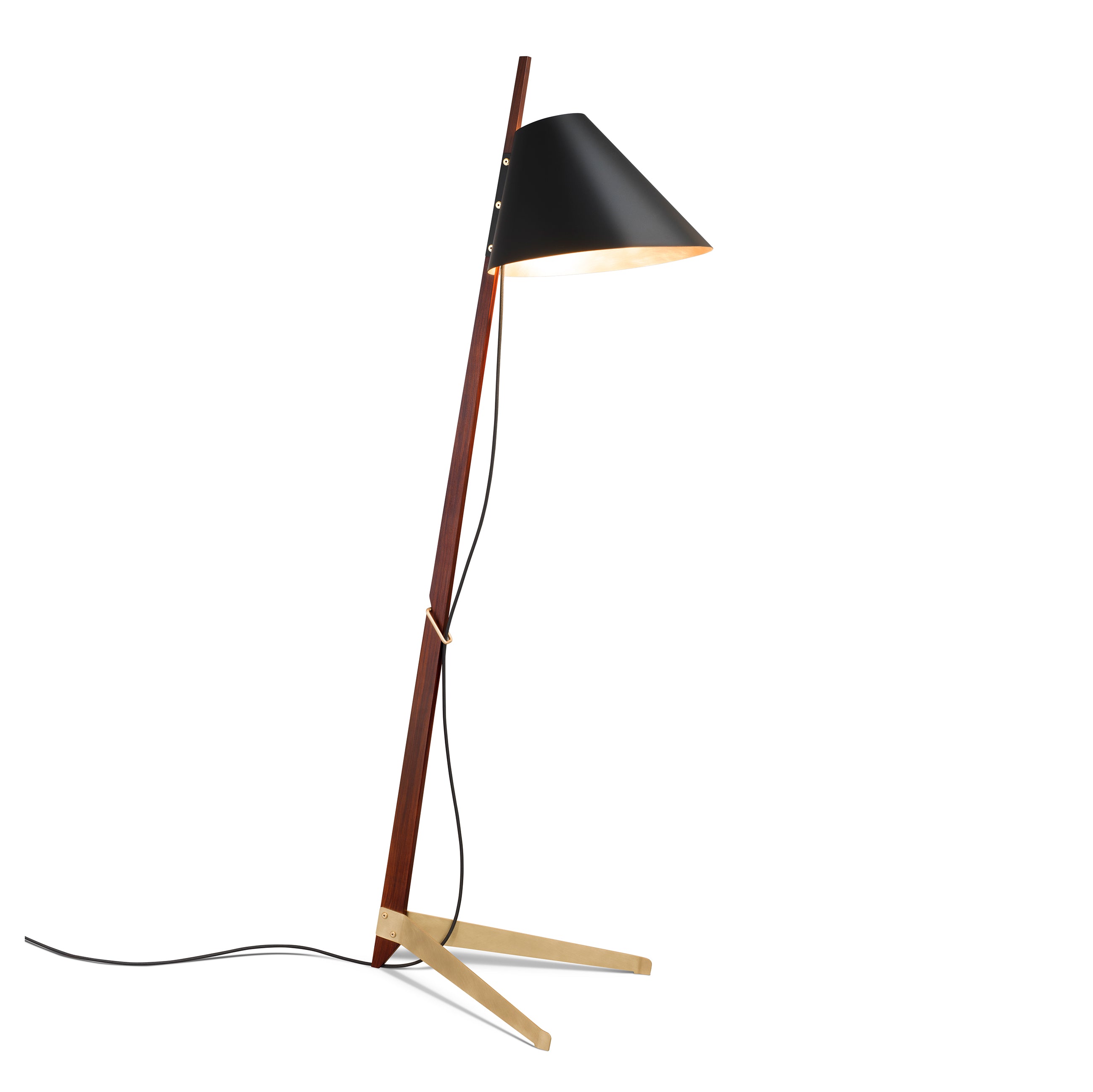 Meet the Kalmar Billy Floor Ilse Crawford Edition: a modern lamp with a rosewood stem, V-shaped base, black conical shade, exposed cord, and satin-brass feet. It leans slightly to one side, seamlessly blending style and function.