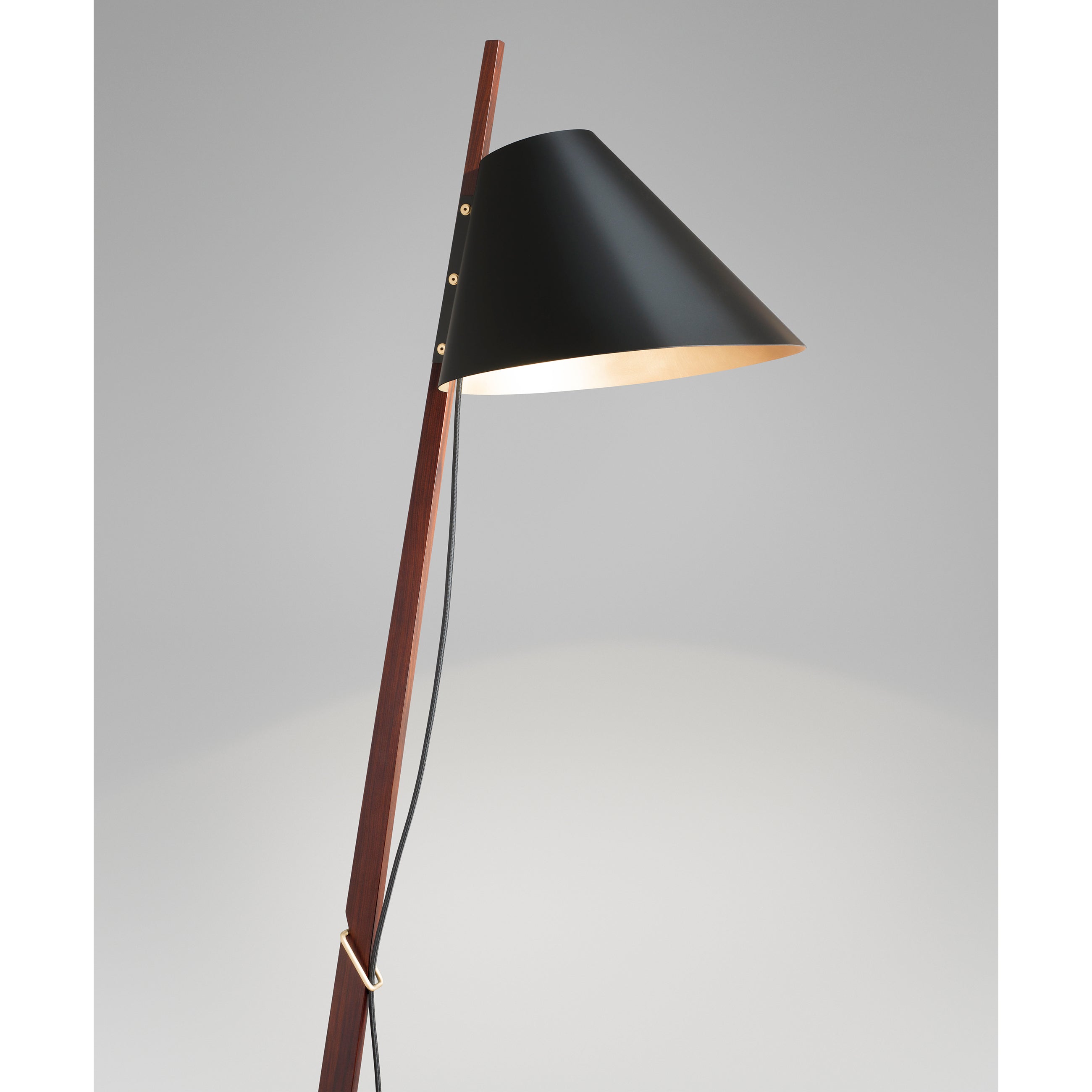 Introducing the Billy Floor Ilse Crawford Edition by Kalmar, featuring a sleek black conical shade, slender rosewood stem, satin-brass feet, visible black power cord, and geometric form. This modern marvel seamlessly blends elegance with functionality.