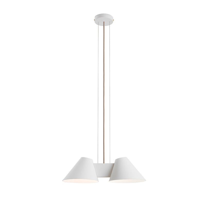The Billy HL Pendant by Kalmar is a modern ceiling lamp with two white, conical, lacquered metal shades. They hang elegantly from a circular base by two cords, ideal for down-lighting against a white background.