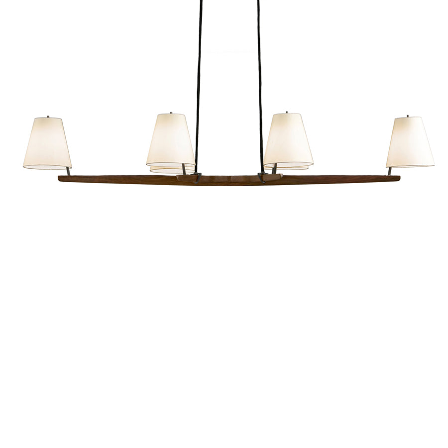 Introducing the Admont 6 chandelier by Kalmar, a modern masterpiece inspired by Wiener Werkbund design. It features four white cone-shaped lampshades on a wooden frame, elegantly hung from black cords against a plain white backdrop.