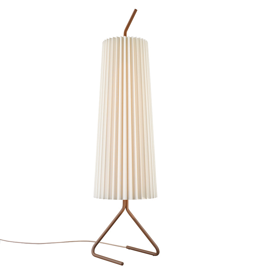 The Fliegenbein SL by Kalmar is a tall, cylindrical standing lamp featuring a pleated silk shade on a tripod base with a brown metallic finish. It offers a sleek, modern, and minimalist design with a cord extending from the base.