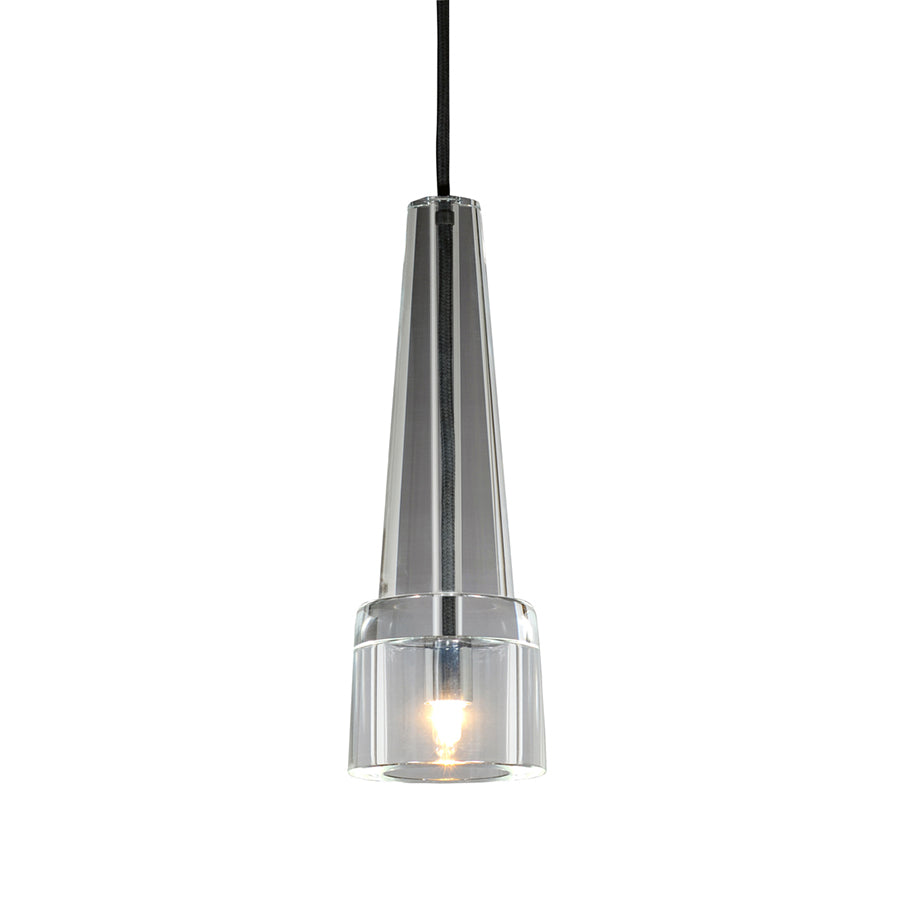 The Keule 1 Pendant by Kalmar is a modern light with a conical transparent shade, blackened-bronze ring, visible bulb, and slender black cord.