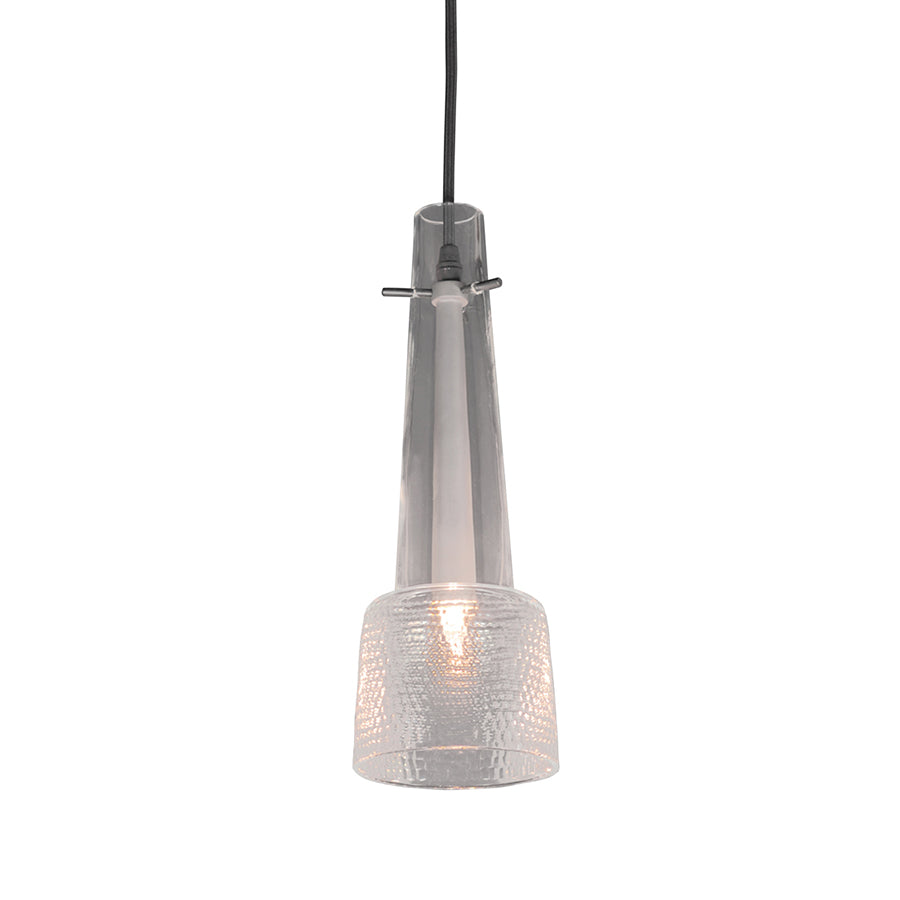 The Keule 1 Pendant from Kalmar features a modern, minimalist design with a sleek cone-shaped glass shade, blackened-bronze attachment ring, visible bulb inside the textured lower half, and is connected by a black cord.