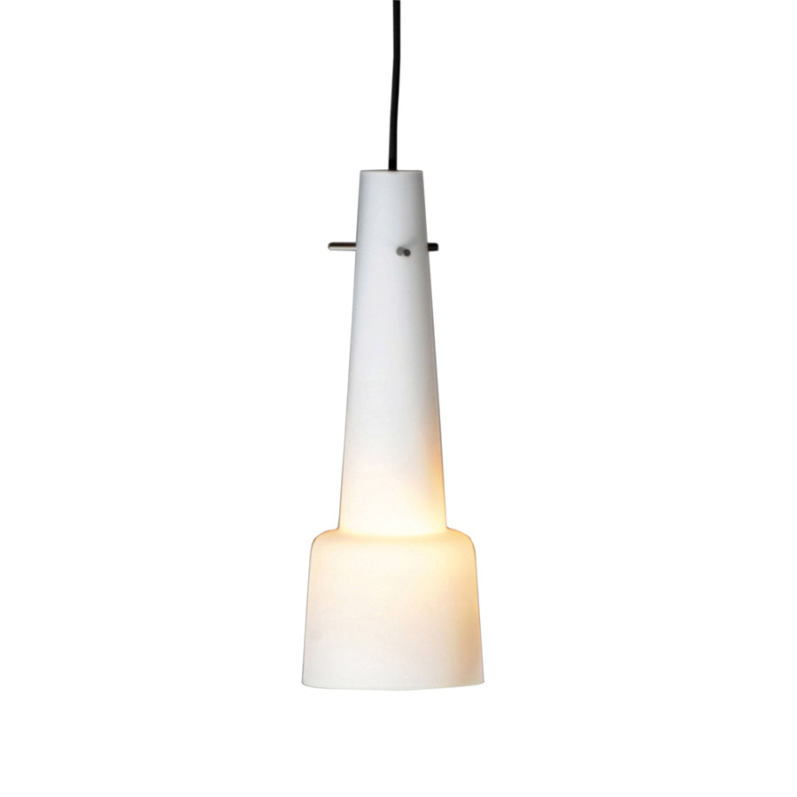 Introducing the Kalmar Keule 1 Pendant, a modern hanging lamp with a sleek conical design in frosted opal glass. It emits a warm glow, hanging elegantly from a thin black cord, featuring a stylish blackened-bronze attachment ring for added sophistication.