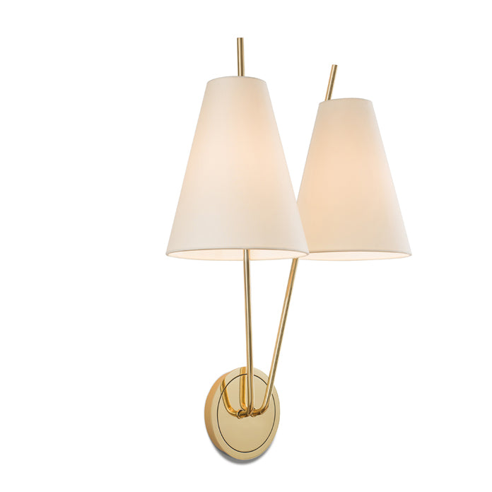 The Kalmar Zweig double sconce features conical white textured silk shades on slender gold rods intersecting at a circular gold base, offering chic, modern style and warm, ambient lighting.