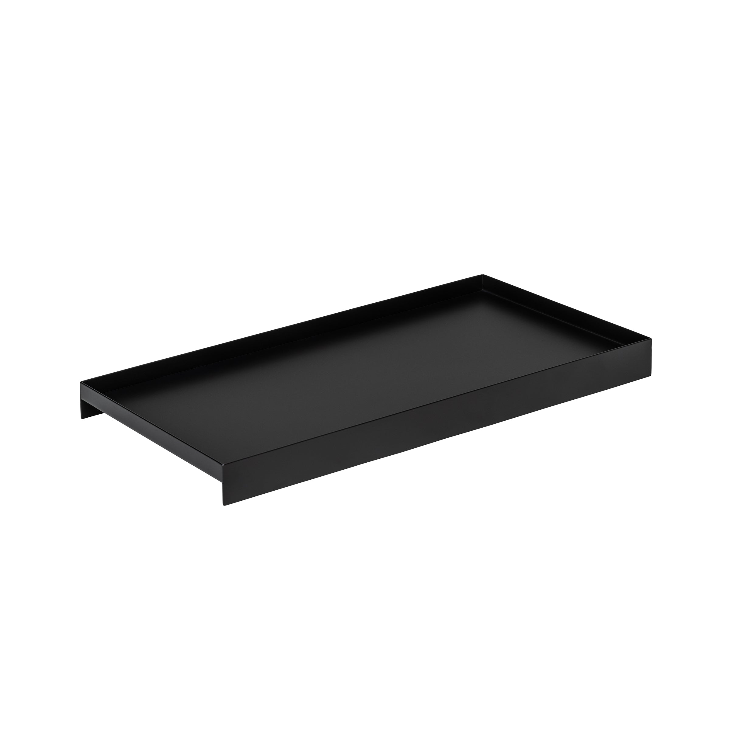 The L3 COURT by Loehr is a sleek black serving tray with raised edges, crafted from steel. Positioned against a plain white background, it embodies the perfect minimalist accessory for any contemporary space.