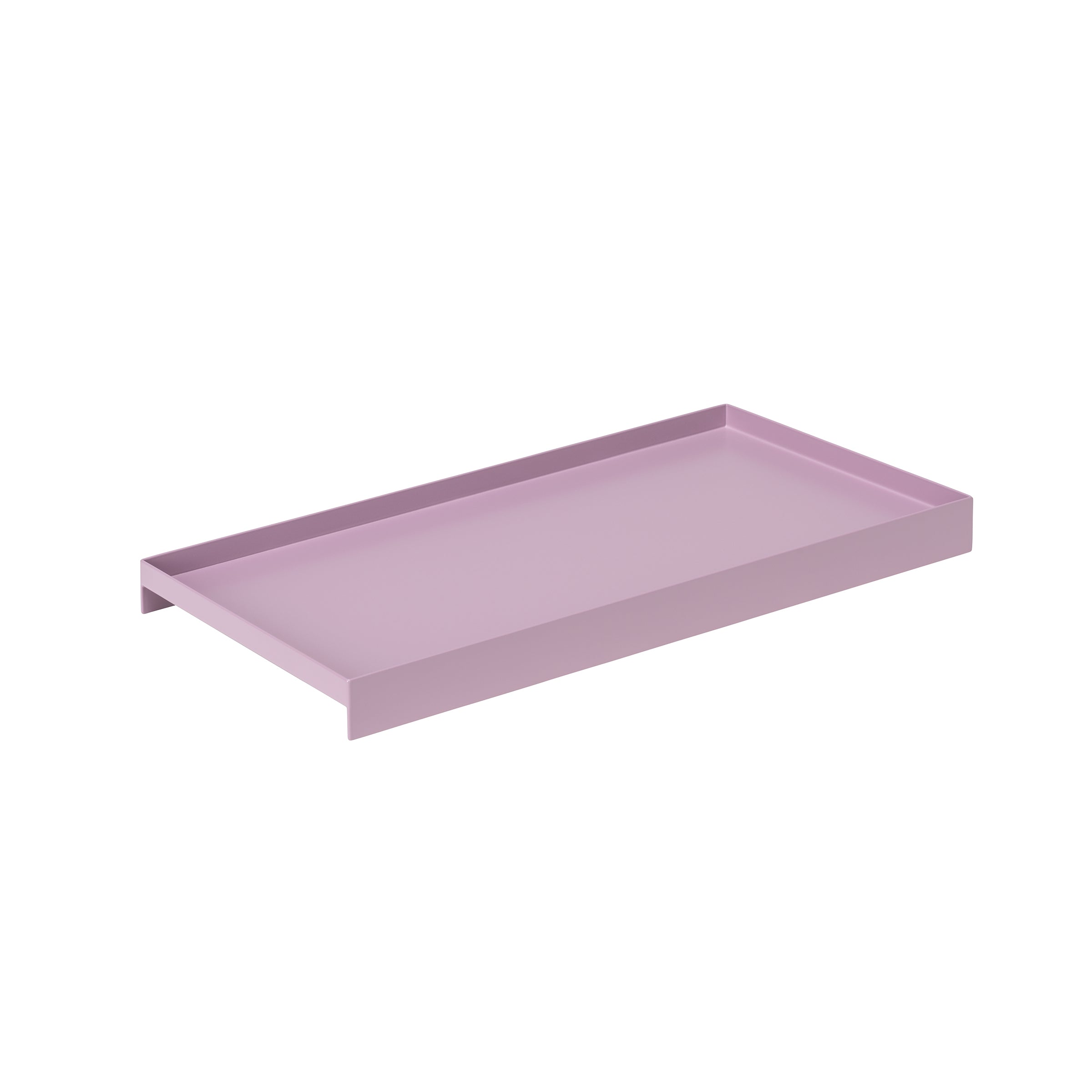 The L3 COURT by Loehr is a minimalist pastel pink steel tray with a raised edge on three sides, an open bottom left side, and a smooth surface. It rests elegantly against a plain white background, serving style and function seamlessly.