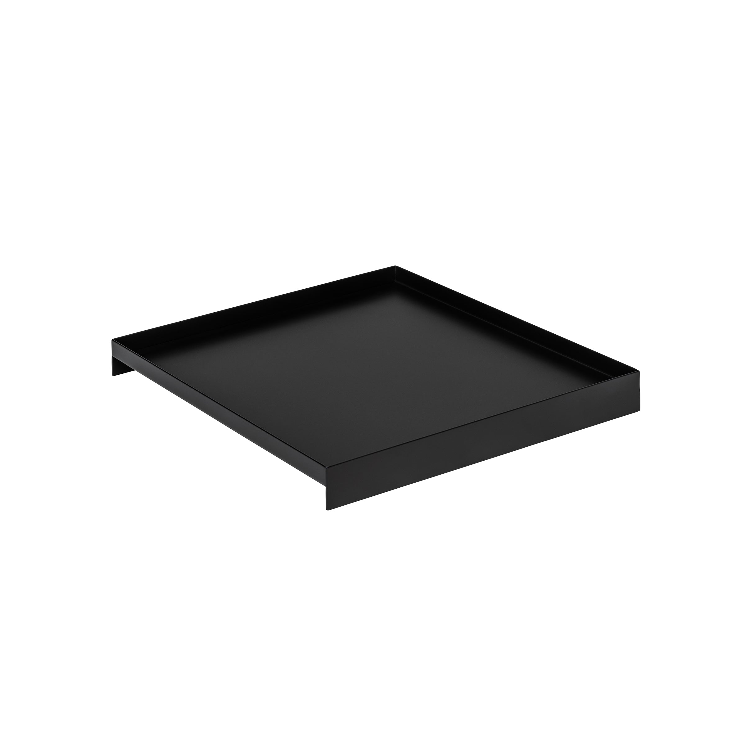 The L3 COURT by Loehr is a minimalist black metal serving tray with a rectangular shape and raised edges, elegantly contrasting against a plain white background.