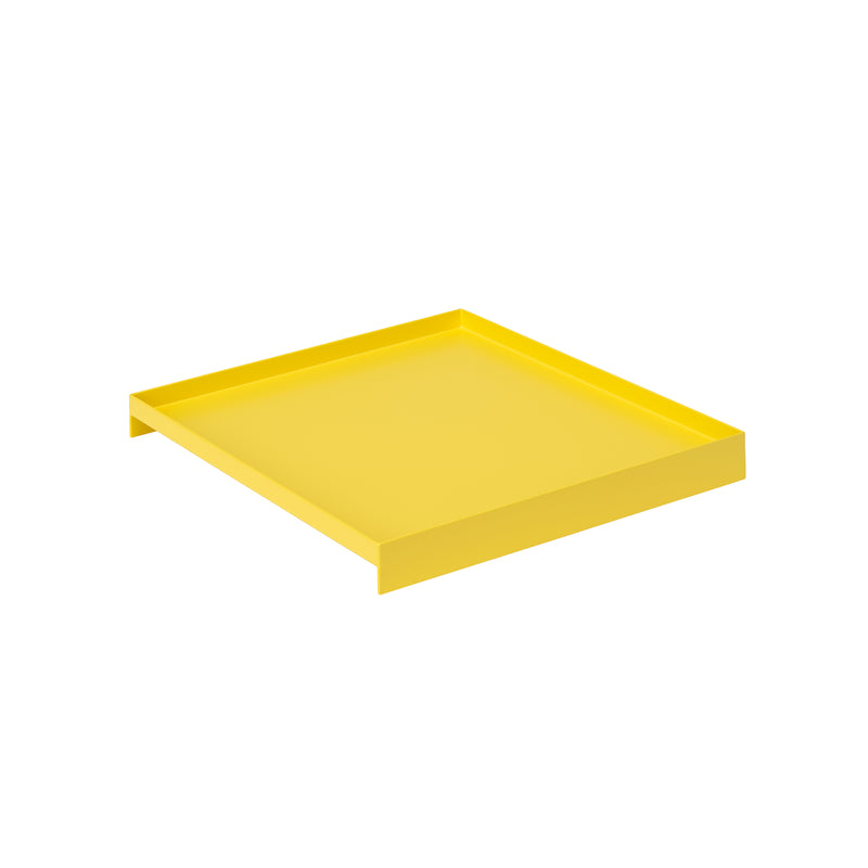 The L3 COURT by Loehr is a minimalist, bright yellow steel tray with raised edges and a square shape, showcasing a modern design against a plain white backdrop.