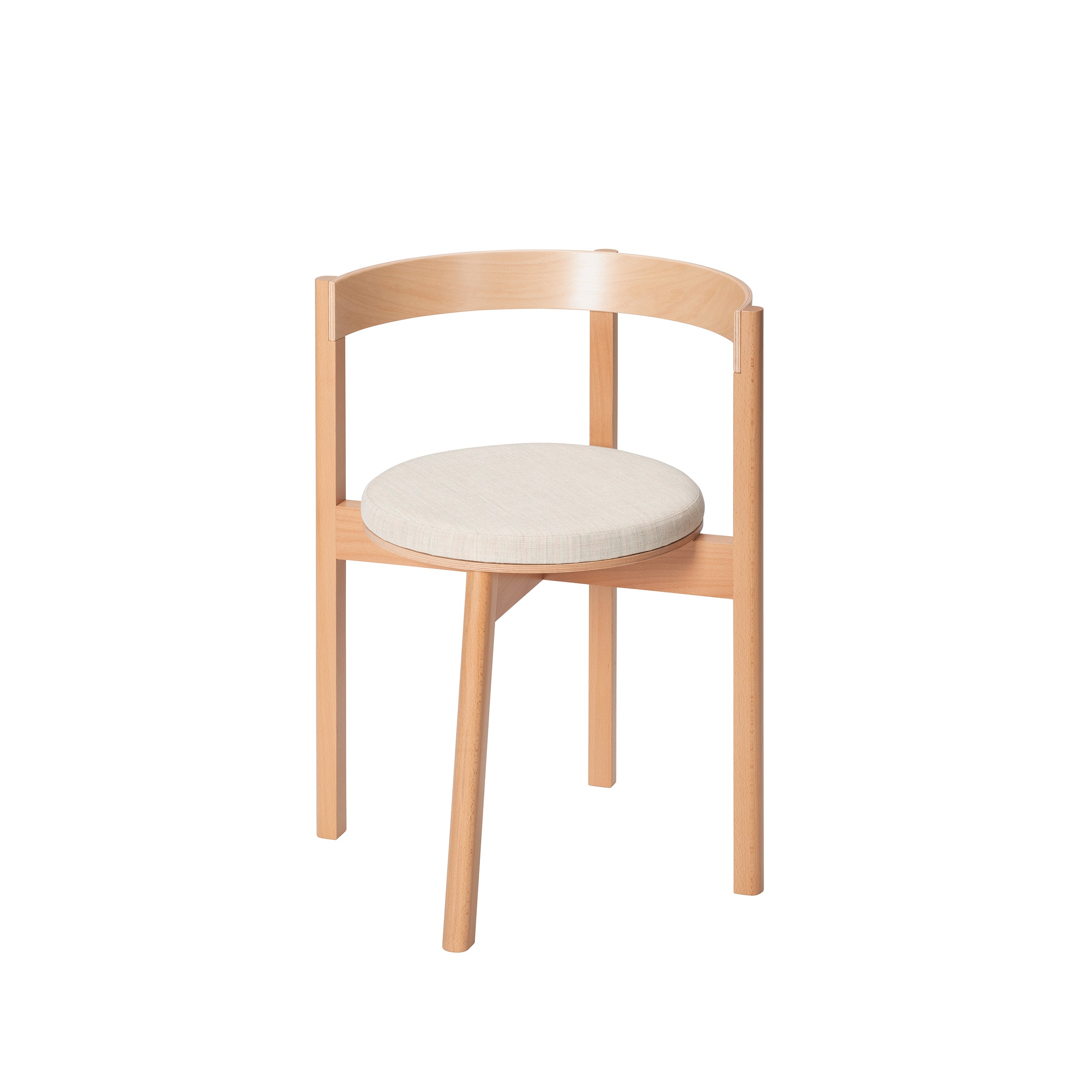 Introducing the L5 JAZZ Armchair by Loehr: a modern masterpiece with solid wood construction. Its light beige cushioned seat complements the curved backrest and three-leg design, ideal for chic dining. The minimalist appeal is enhanced by the woods light, natural finish.