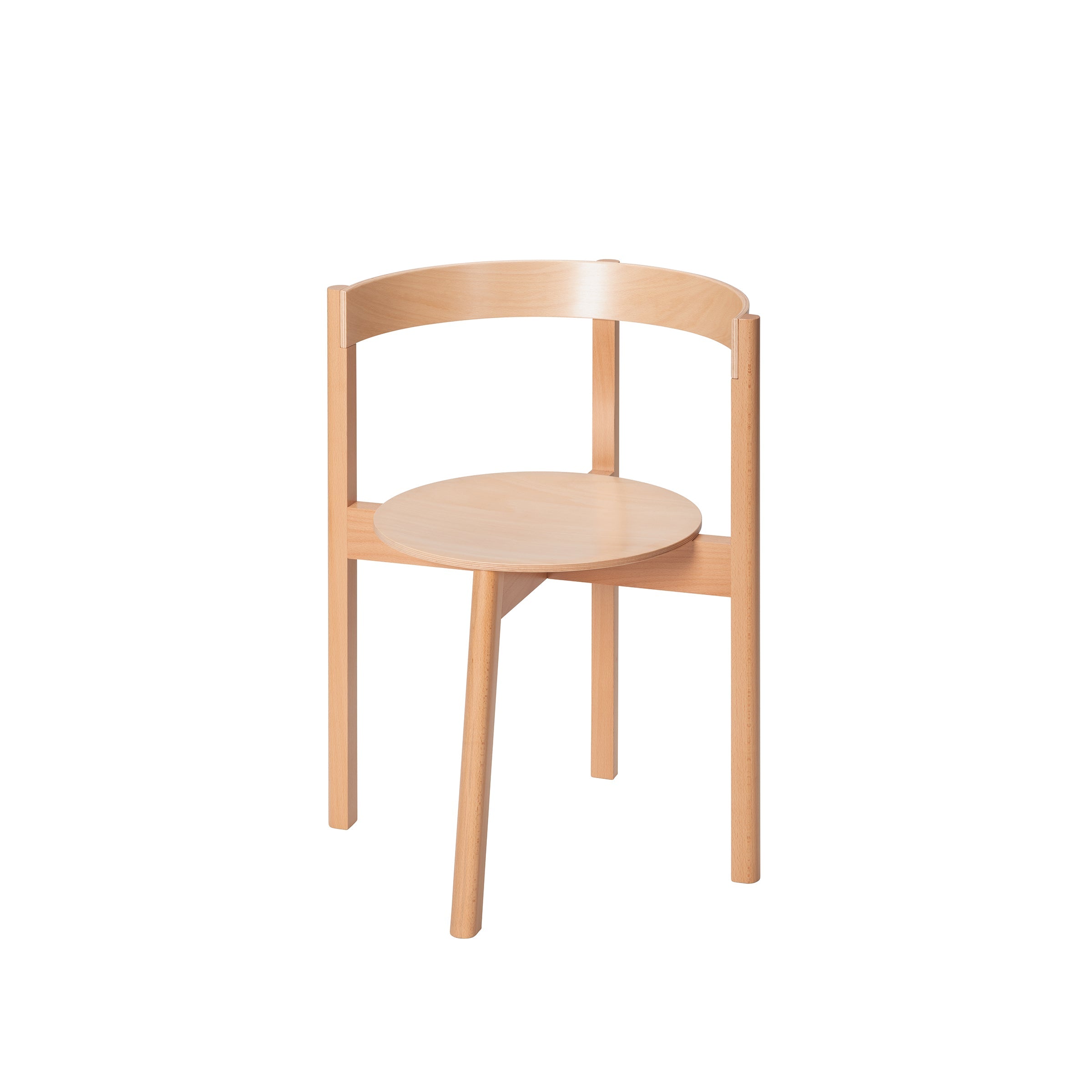 The L5 JAZZ Armchair by Loehr is modern with a light wooden frame, circular seat, plywood backrest, and three legs. Solid wood cross beams provide support, while its minimalist design highlights clean lines and a smooth finish. Now on sale.