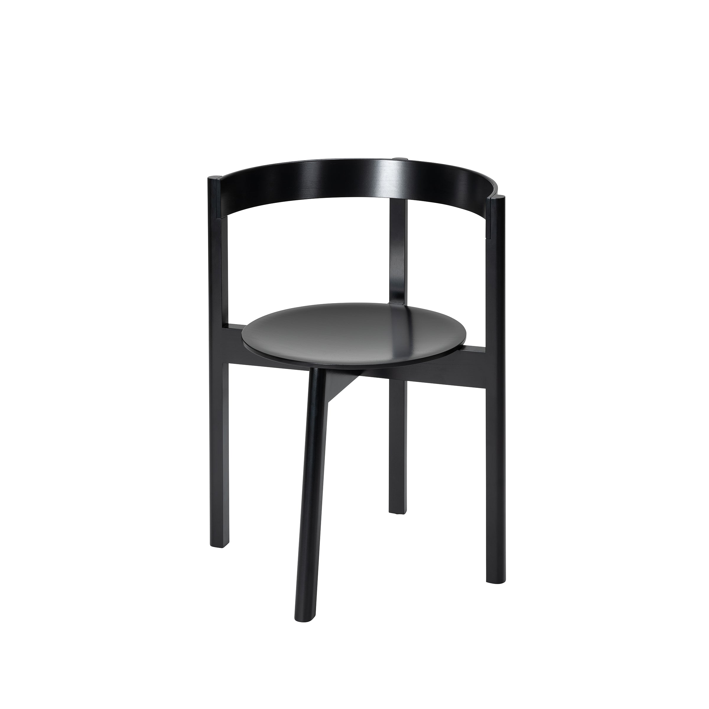 The stylish L5 JAZZ Armchair by Loehr features a circular seat, minimalist design, and solid wood construction. With three legs and a semi-circular backrest, it elegantly stands against a white background.