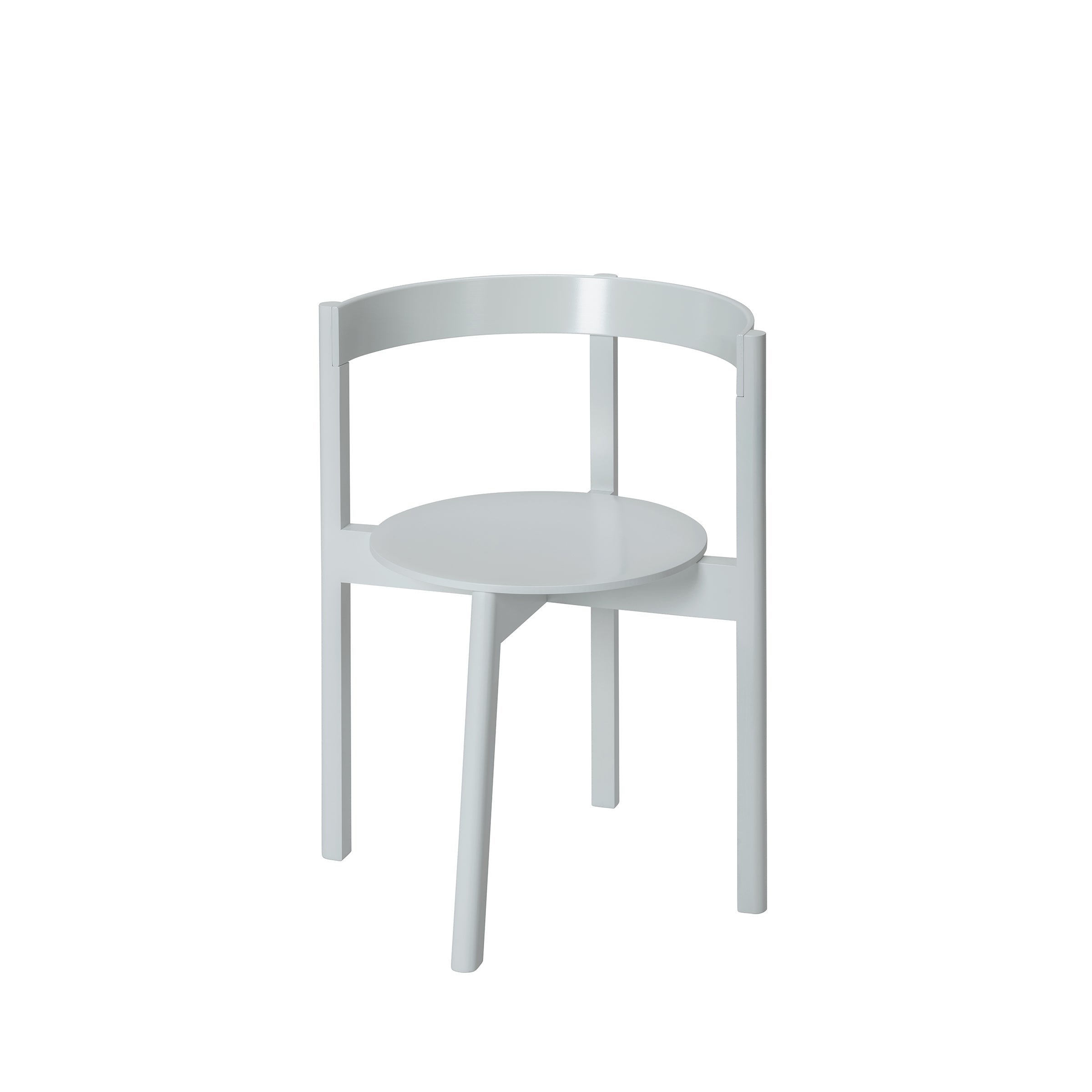 Introducing the L5 JAZZ Armchair by Loehr: a minimalist, white chair with a circular seat, three legs, and a curved backrest. Crafted from solid wood, its modern design blends simple geometric shapes for an effortlessly stylish look.