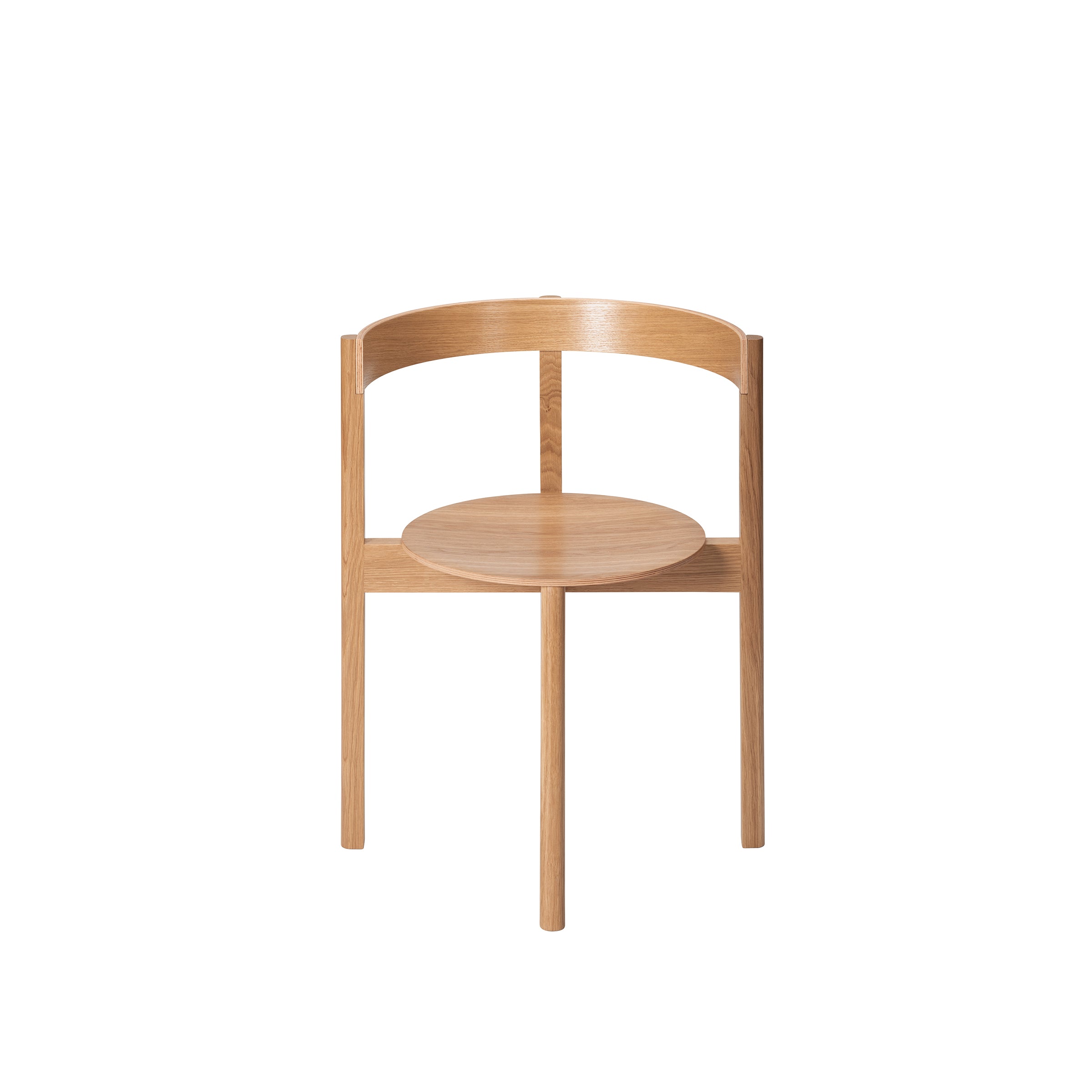 The L5 JAZZ Armchair by Loehr is a minimalist dining chair made from solid wood, featuring a circular seat and simple curved backrest that gives it a modern and elegant look with clean lines and light wood grain.