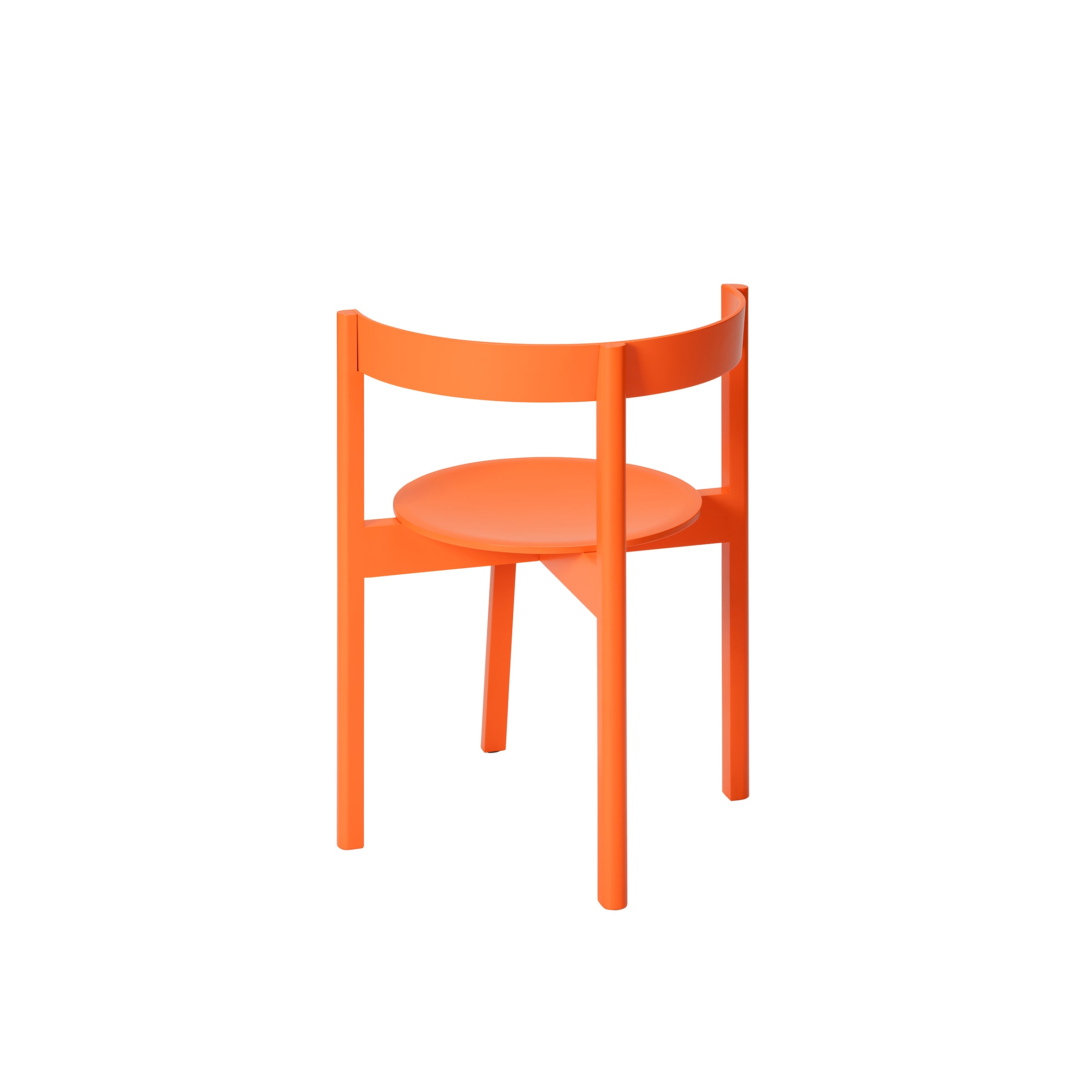 The L5 JAZZ Armchair by Loehr boasts a modern orange design with a circular seat and curved backrest, all supported by solid wood construction with three sturdy legs. Ideal for dining, it stands elegantly against a white background.