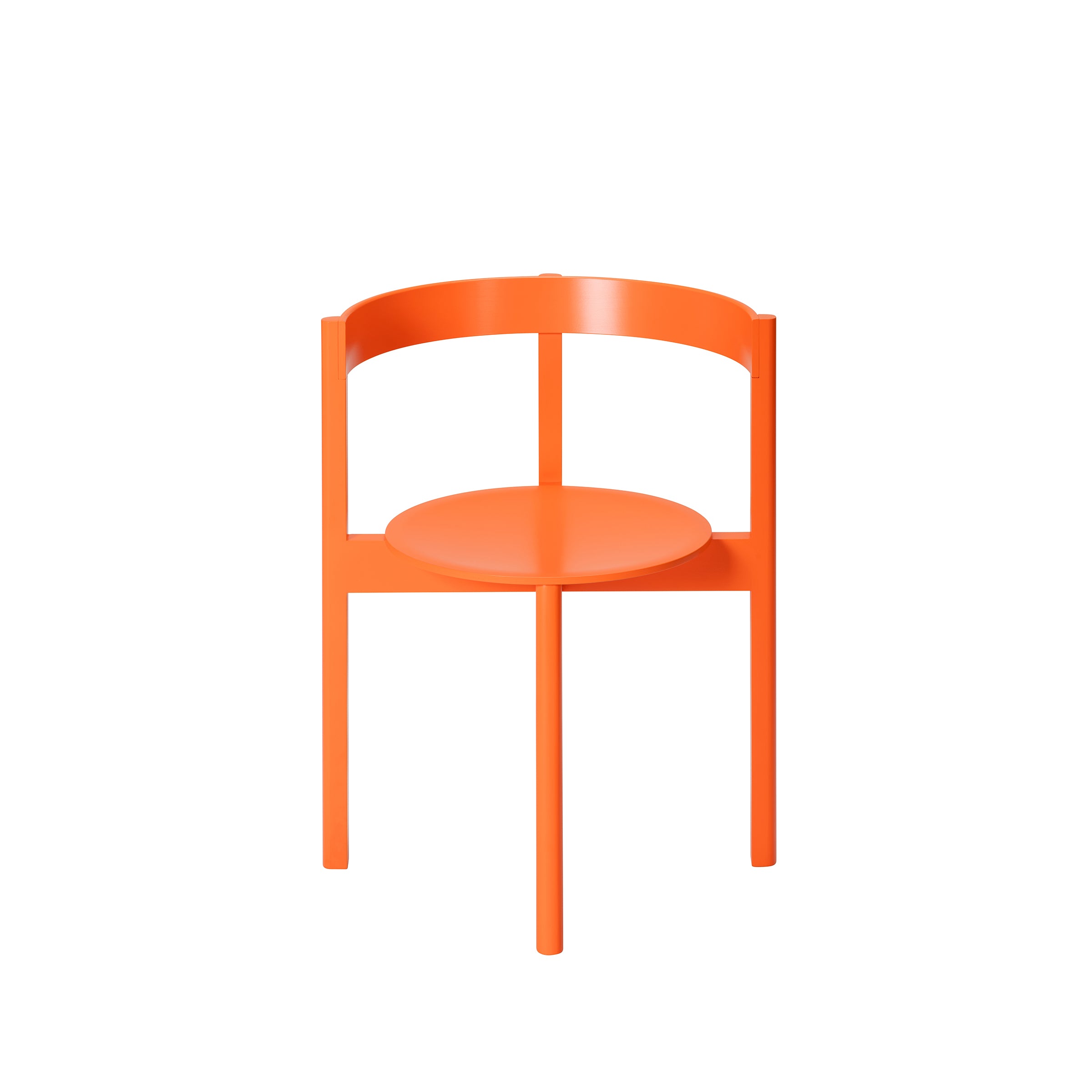 The L5 JAZZ Armchair by Loehr is a modern, orange dining chair with a circular seat and round open backrest. Its sleek design includes four straight solid wood legs, perfectly displayed against a plain white background.