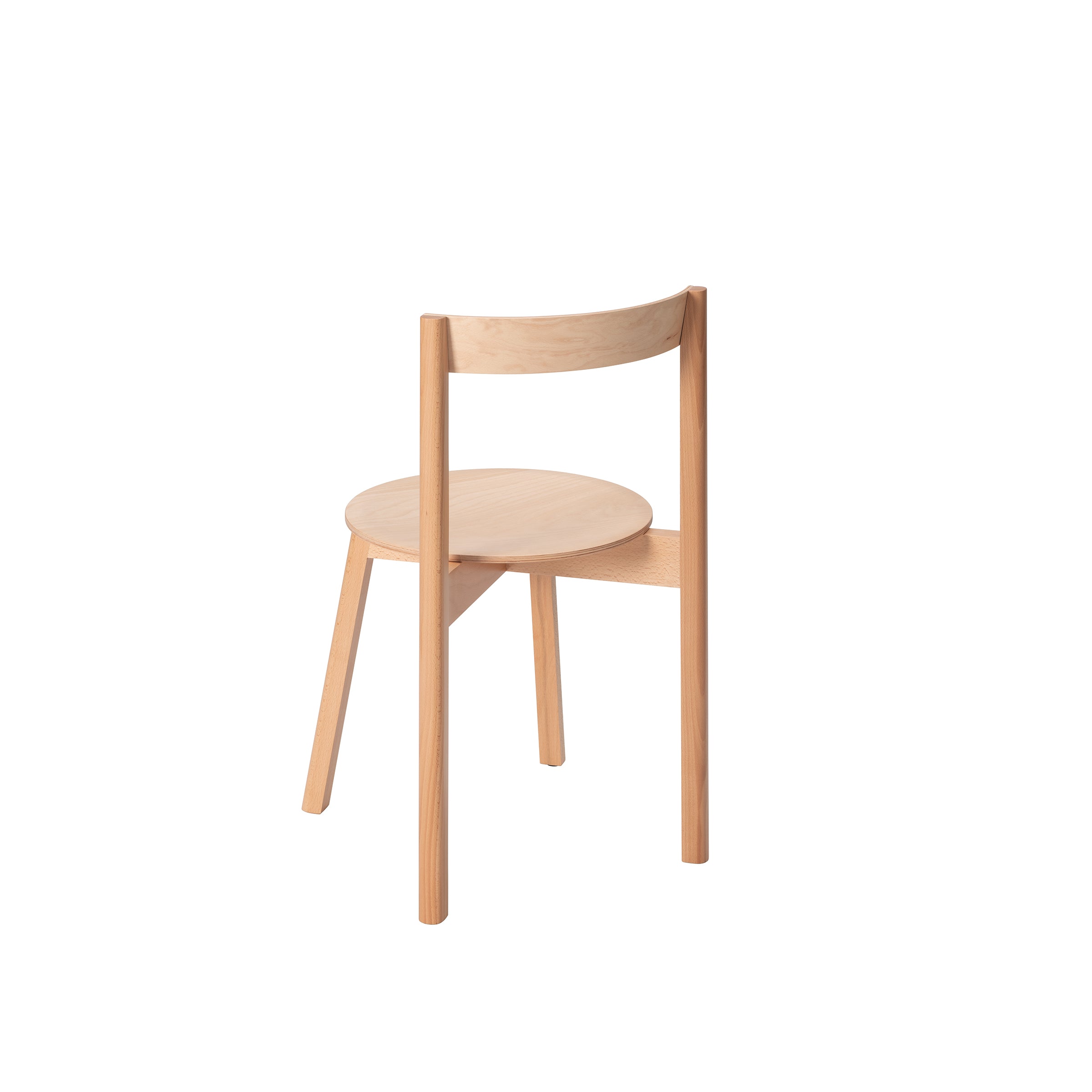The Loehr L5 JAZZ Side Chair showcases an iconic silhouette with a minimalist wooden design, featuring a round seat and a simple curved plywood backrest. Its clean lines are enhanced by a natural finish, while four angled straight legs emphasize its modern elegance.