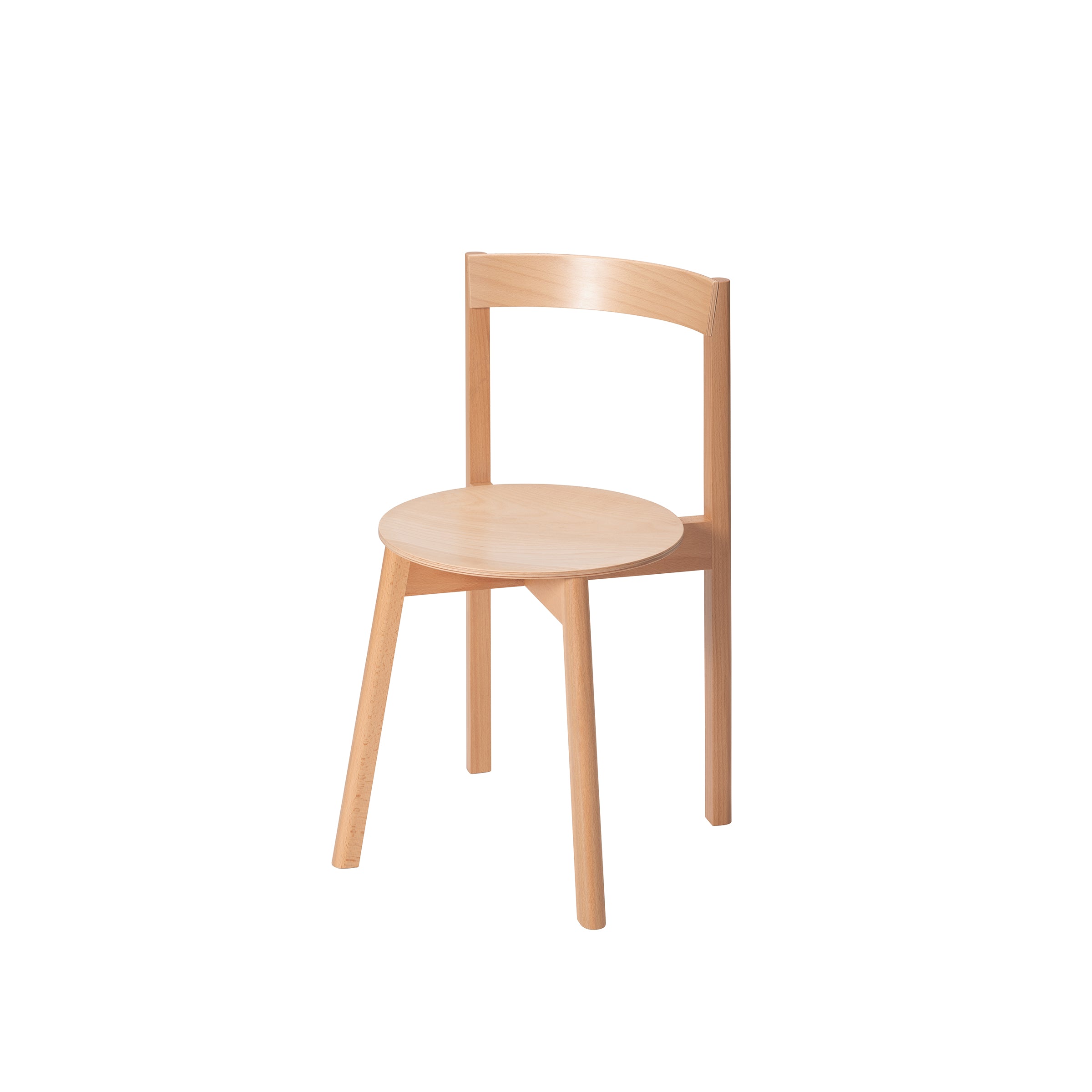 Introducing the L5 JAZZ Side Chair by Loehr, a wooden masterpiece with a minimalist design. It features an iconic silhouette with a round seat, plywood backrest, and three legs. The natural wood finish emphasizes clean lines and simplicity against a plain white background.