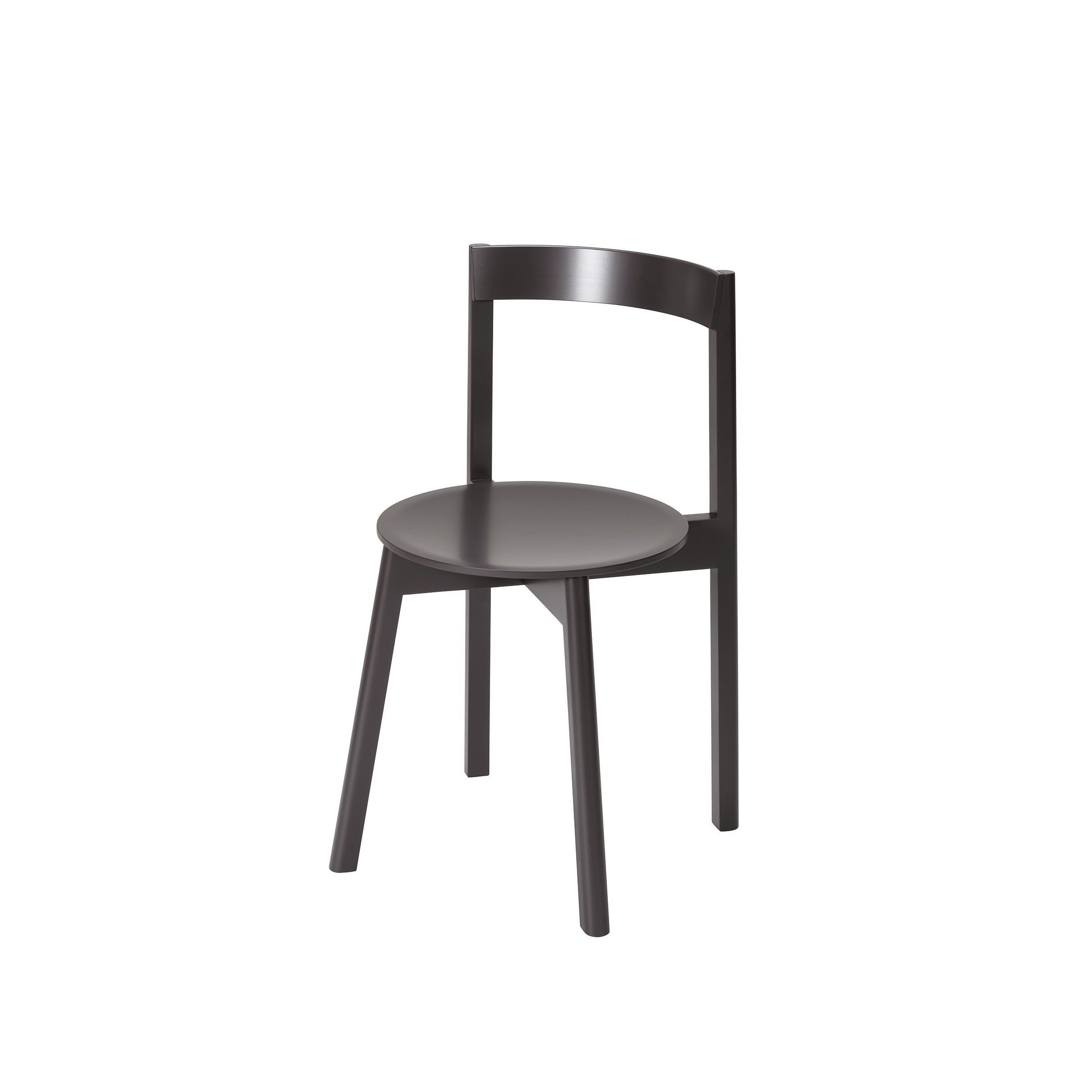 Introducing the L5 JAZZ Side Chair by Loehr: a modern, minimalist masterpiece with an iconic silhouette. Its round seat and slightly curved plywood backrest are elegantly crafted from dark wood, offering timeless sophistication against a plain white background.