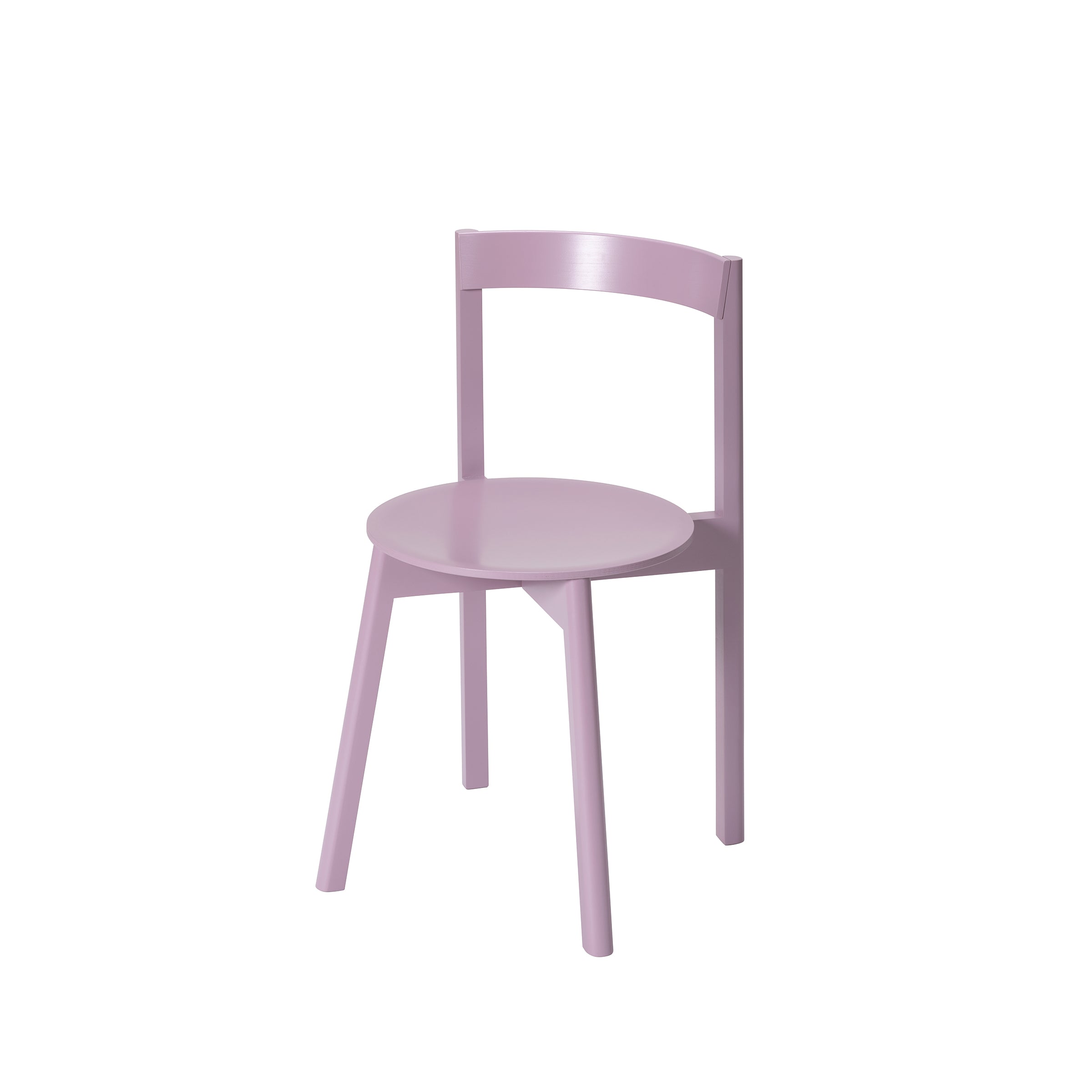 The L5 JAZZ Side Chair by Loehr boasts an iconic silhouette with a round seat and slightly curved backrest in light purple. Its minimalist design features four straight legs, epitomizing modern simplicity.