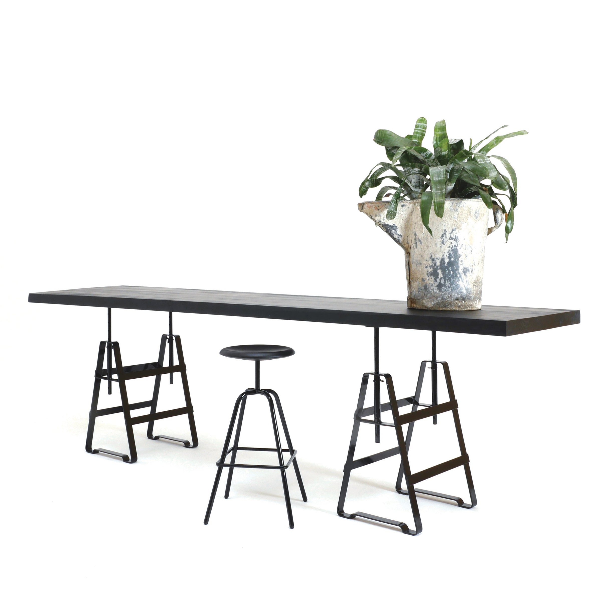 A minimalist setup includes a long dark wooden table with height-adjustable Lackaffe Trestle legs by Atelier Haussmann. A black round stool and a large pot of green leafy plants enhance the scene against a plain white background.