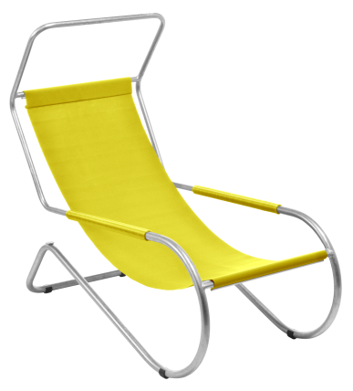 The WB Form Lido Lounger is a modern piece featuring a yellow slanted seat and tubular steel curved legs on a metal frame, embodying a sleek and minimalist design.