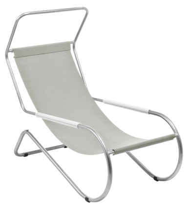 The Lido Lounger by WB Form is a modern, minimalist cantilever lounge chair featuring a sleek metal frame and light gray fabric. Its curved base and reclined angle offer a stylish look, while the tubular steel construction ensures it appears lightweight and portable.
