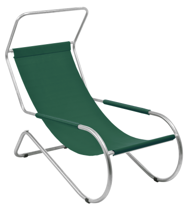 The WB Form Lido Lounger features a sleek tubular steel frame and forest green fabric seat and backrest. This cantilever chair has a minimalist design with curved lines, perfect for contemporary outdoor relaxation.